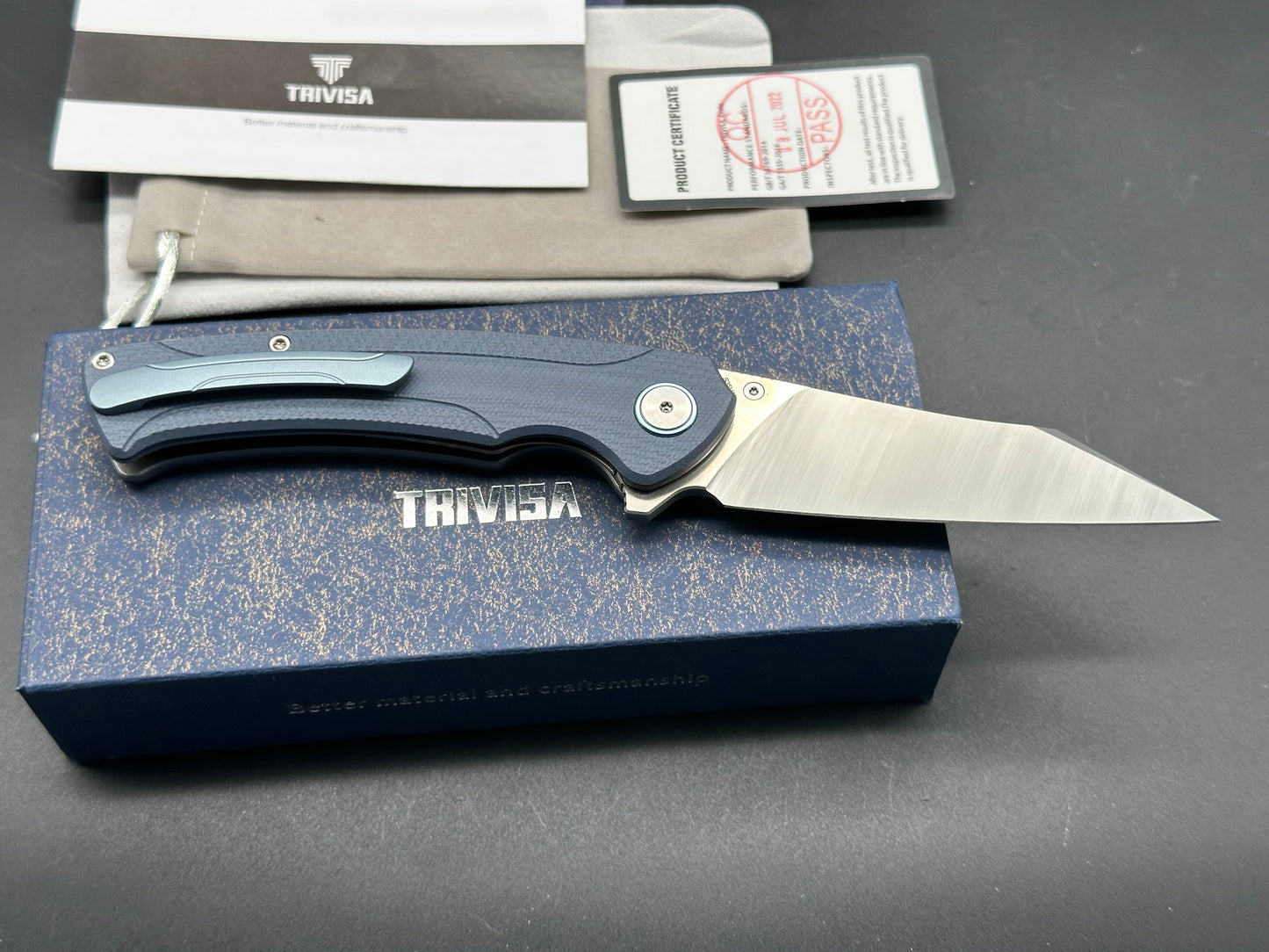 Trivisa Lynx-03, blue G10 handle w/titanium clip S35VN brushed satin