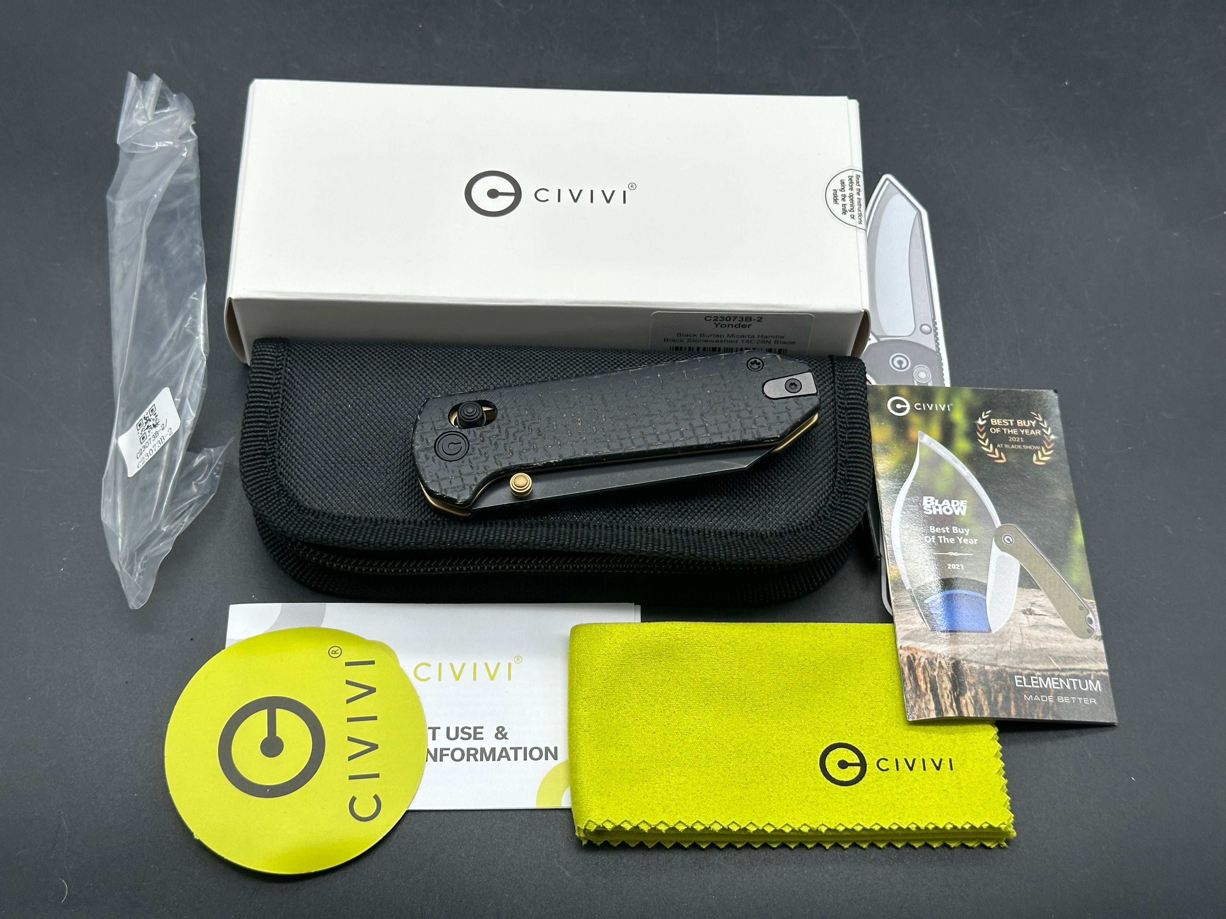 CIVIVI YONDER BLACK BURLAP MICARTA HANDLE 14C28N BLACK STONEWASH FINISH