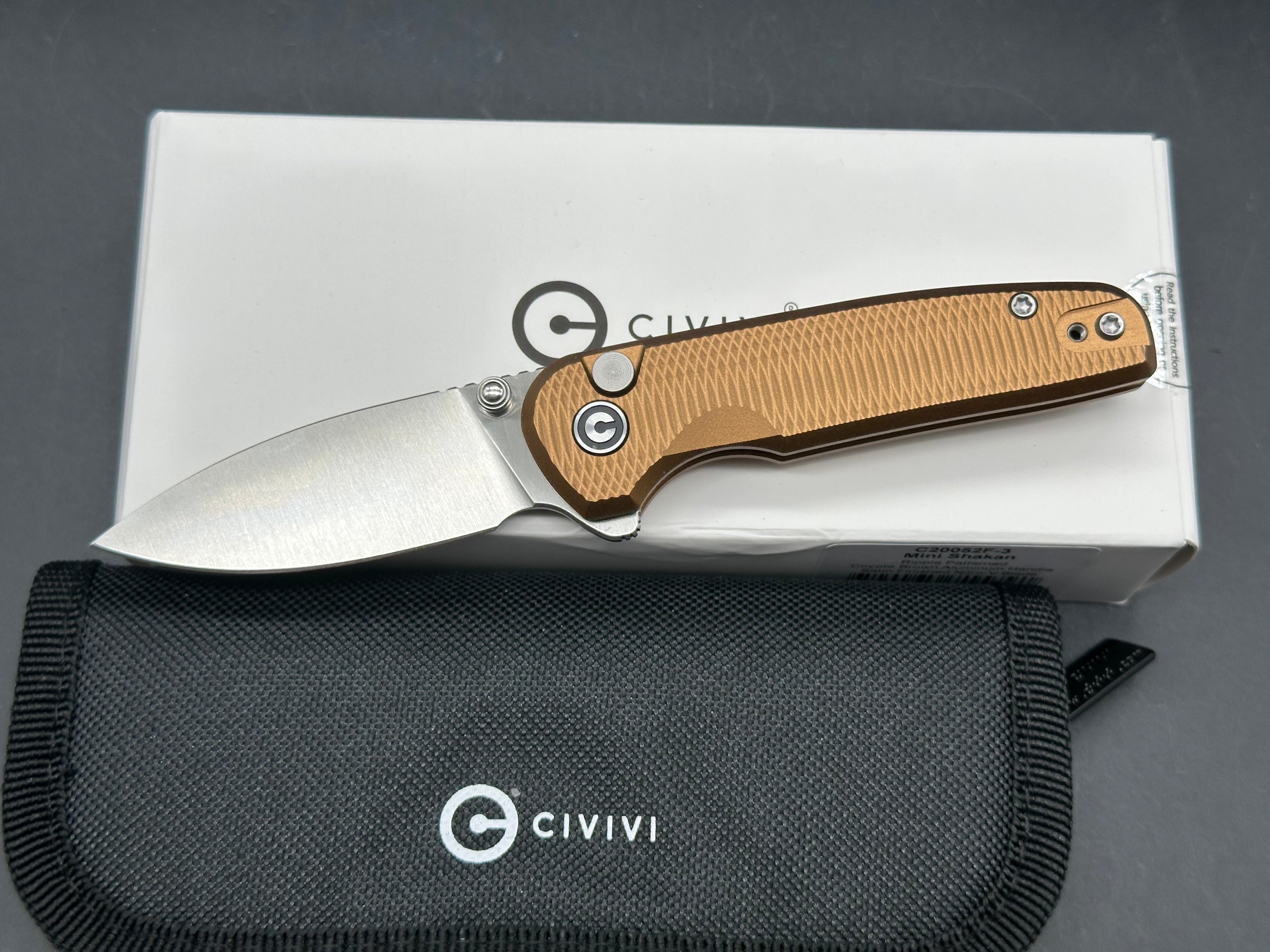 CIVIVI MINI SHAKAN COYOTE BROWN ALUMINUM HANDLE NITRO-V PLAIN EDGE