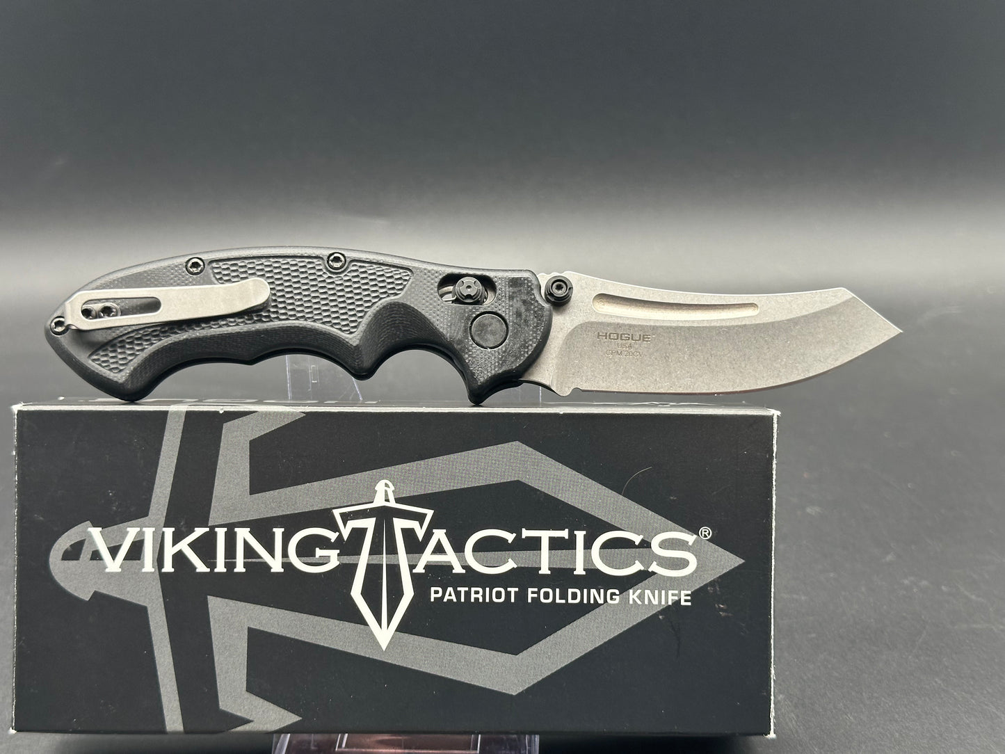 Viking Tactics VTAC-K6PF-85 Patriot, made by Hogue. 20CV, stonewashed black G10 handle