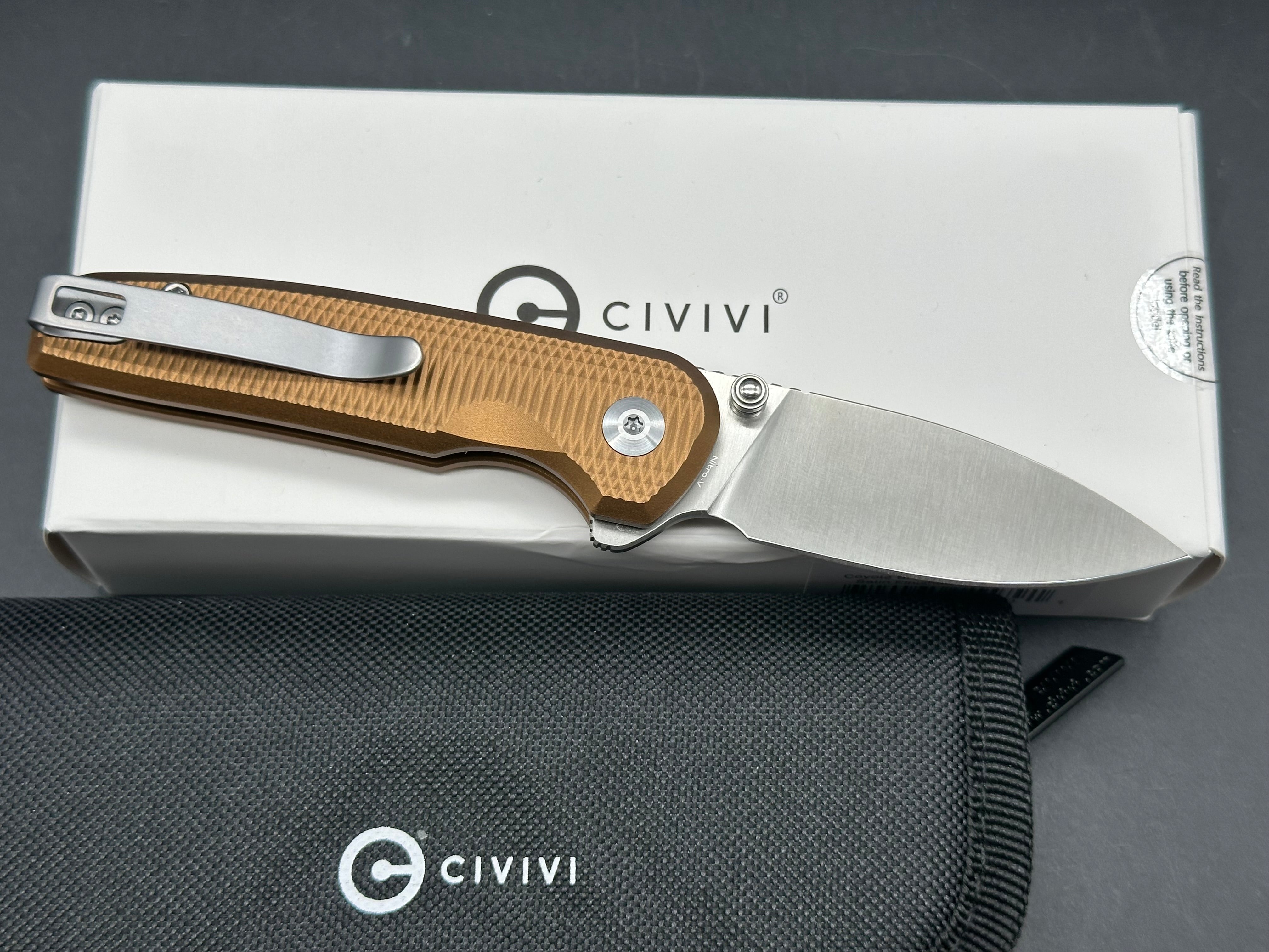CIVIVI MINI SHAKAN COYOTE BROWN ALUMINUM HANDLE NITRO-V PLAIN EDGE