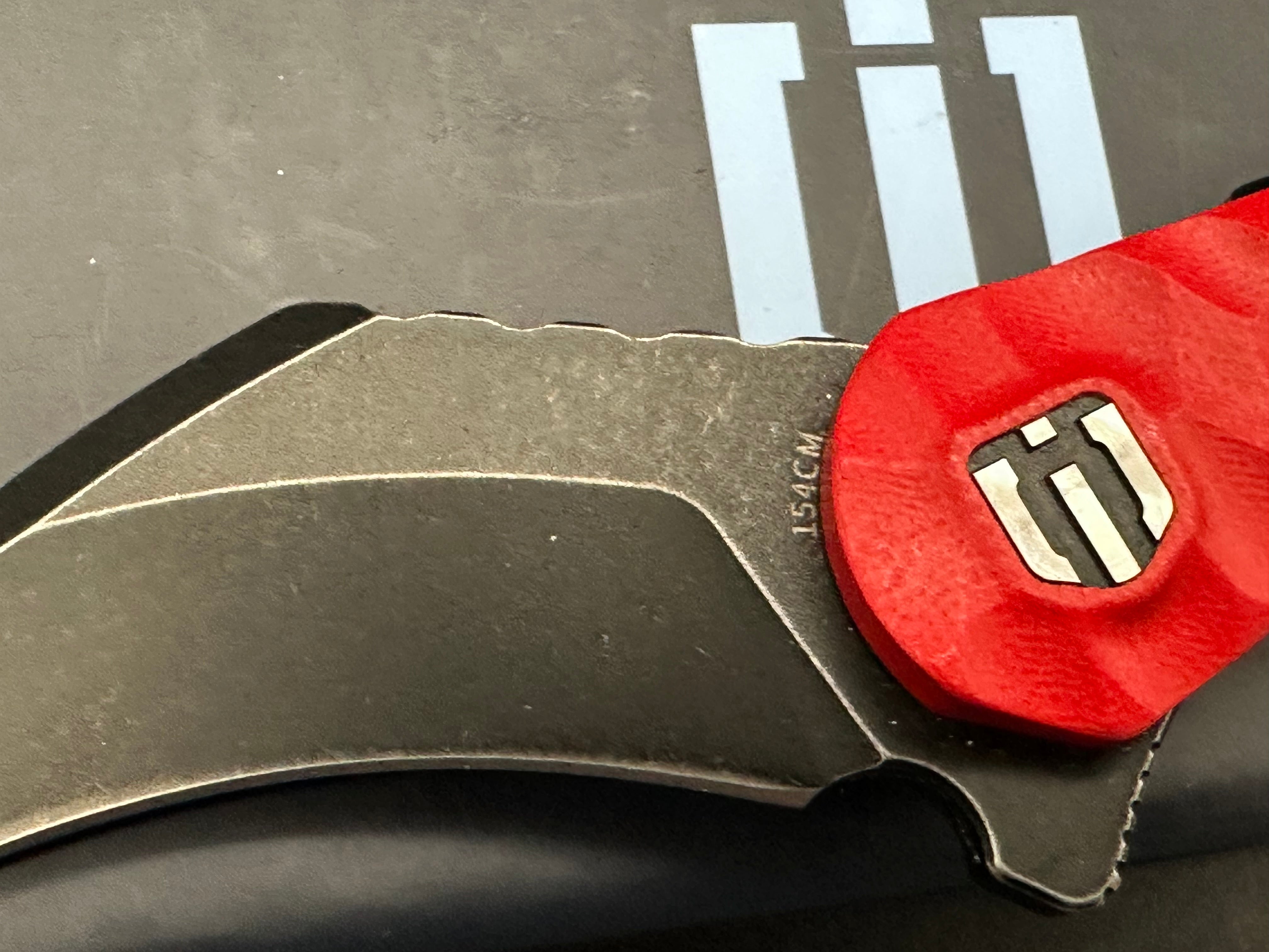 Shieldon Blades Scythe XL folder Blackwash Titanium coated blade of 154CM Red G10 Handle