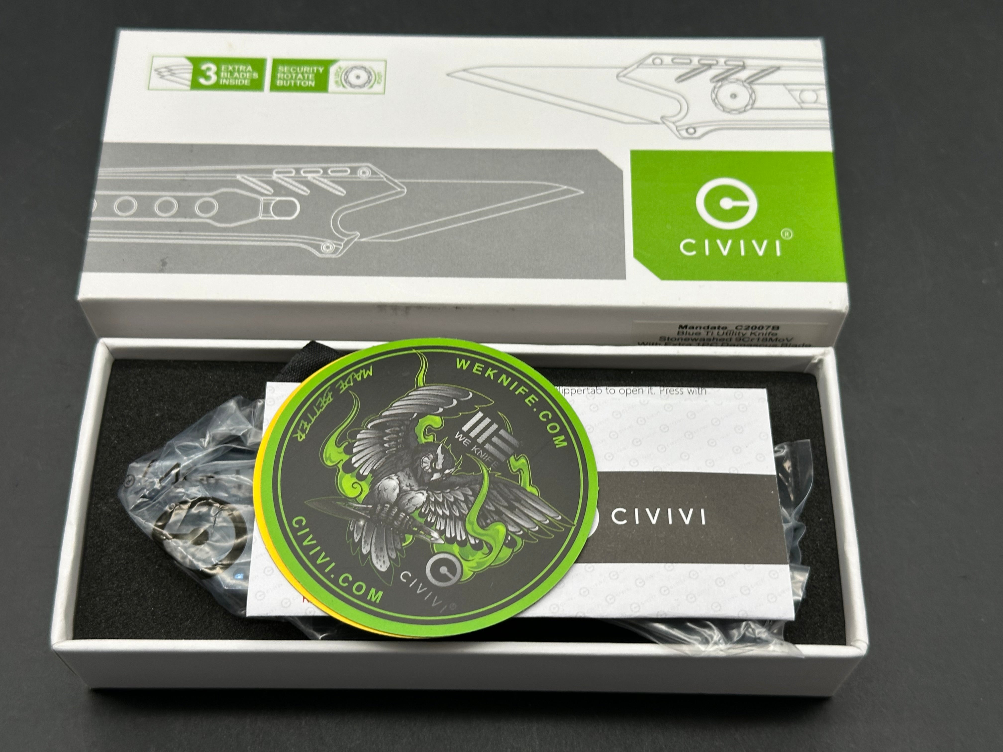 Civivi Mandate Utility Knife Blades are 9CR18Mov Handle is Blue titanium