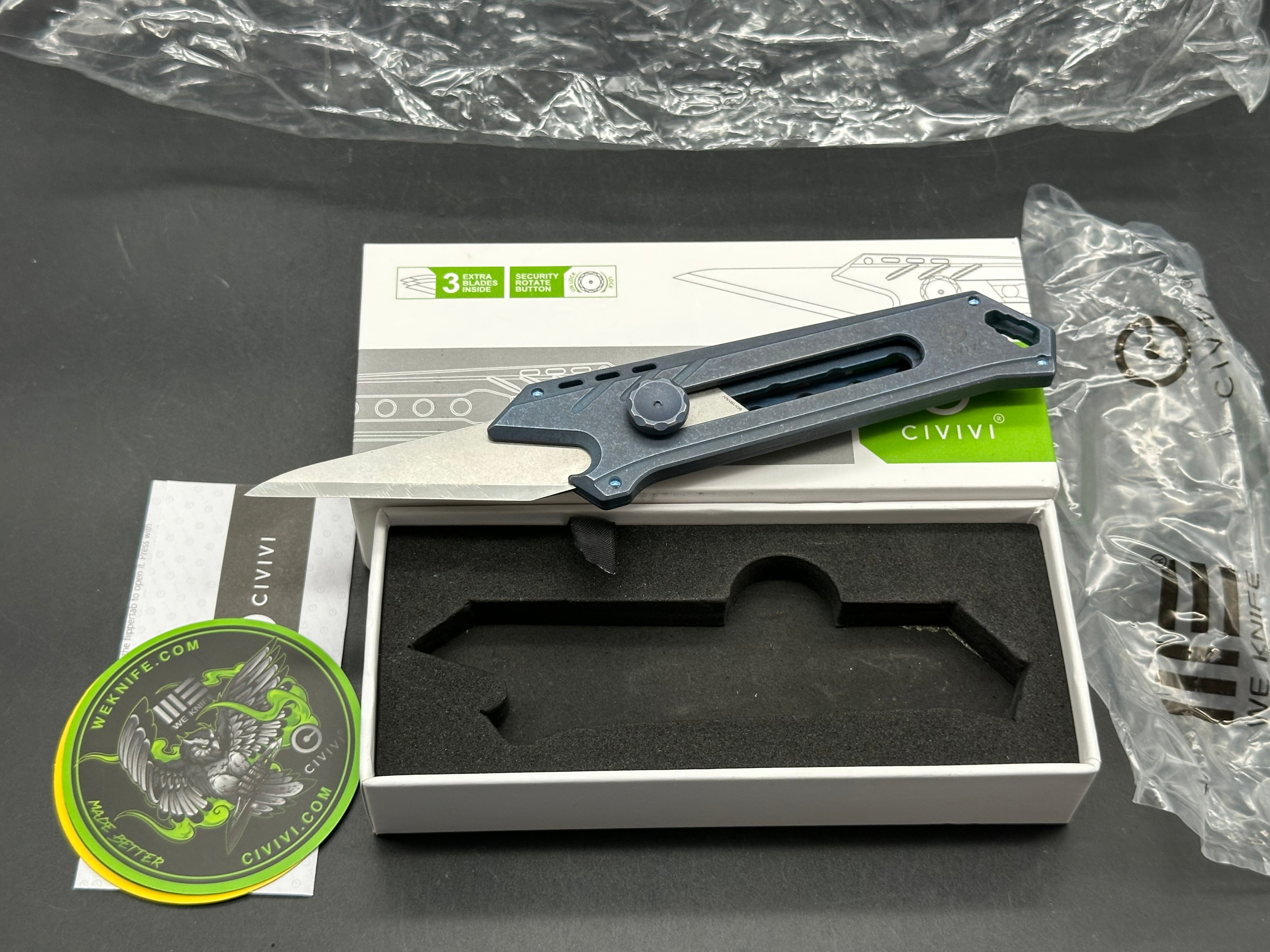 Civivi Mandate Utility Knife Blades are 9CR18Mov Handle is Blue titanium
