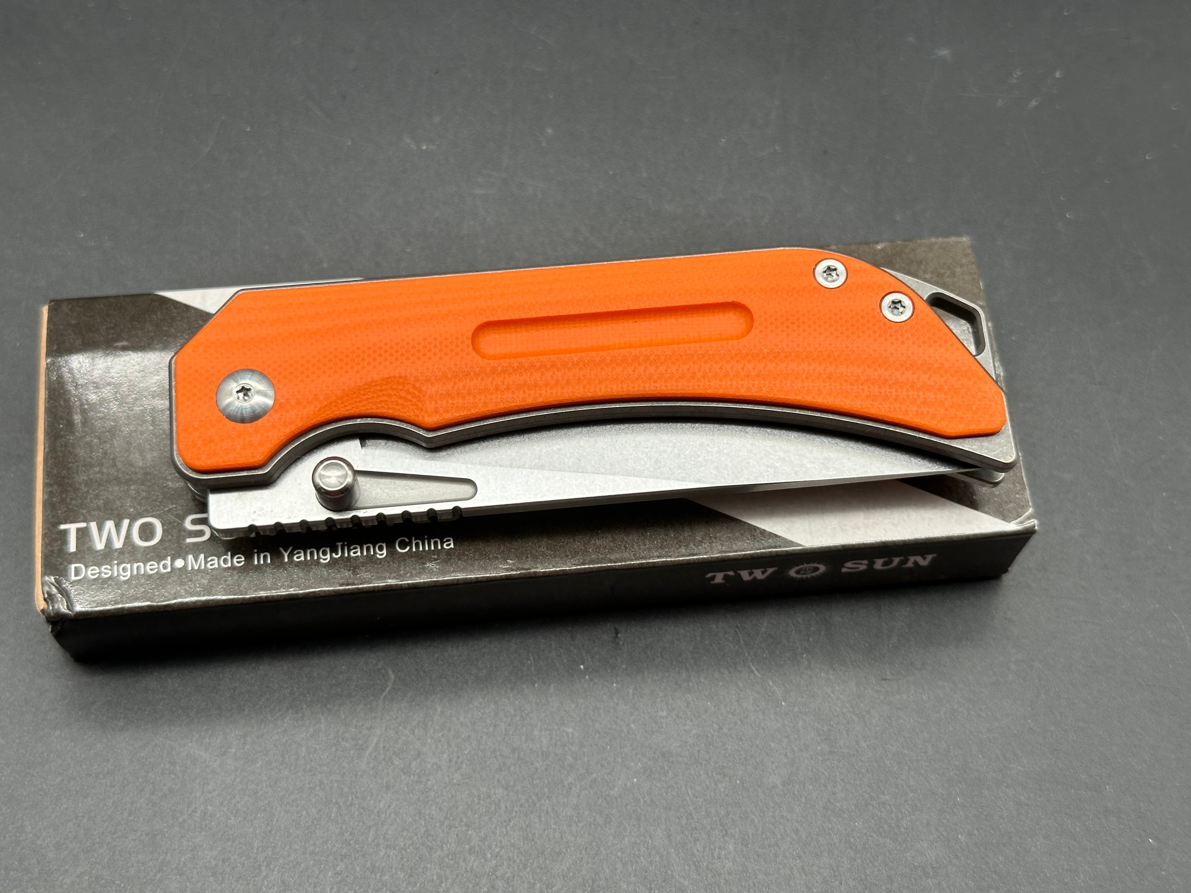 TWOSUN FOLDING KNIFE ORANGE TITANIUM/G10 HANDLE 14C28N PLAIN EDGE TS472 14C28N