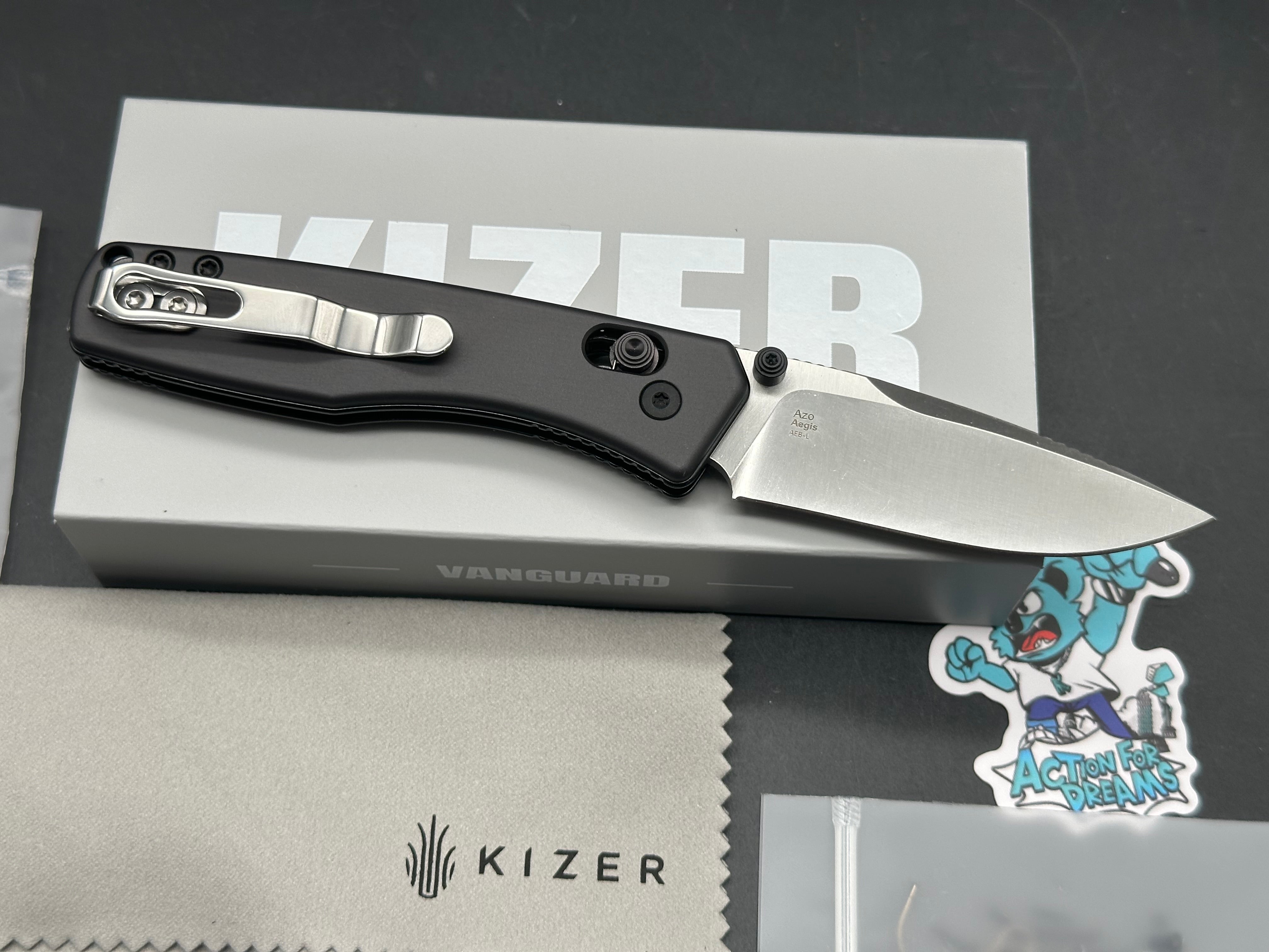 KIZER AEGIS FOLDING KNIFE GRAY ALUMINUM HANDLE AEB-L DROP POINT PLAIN EDGE SATIN FINISH