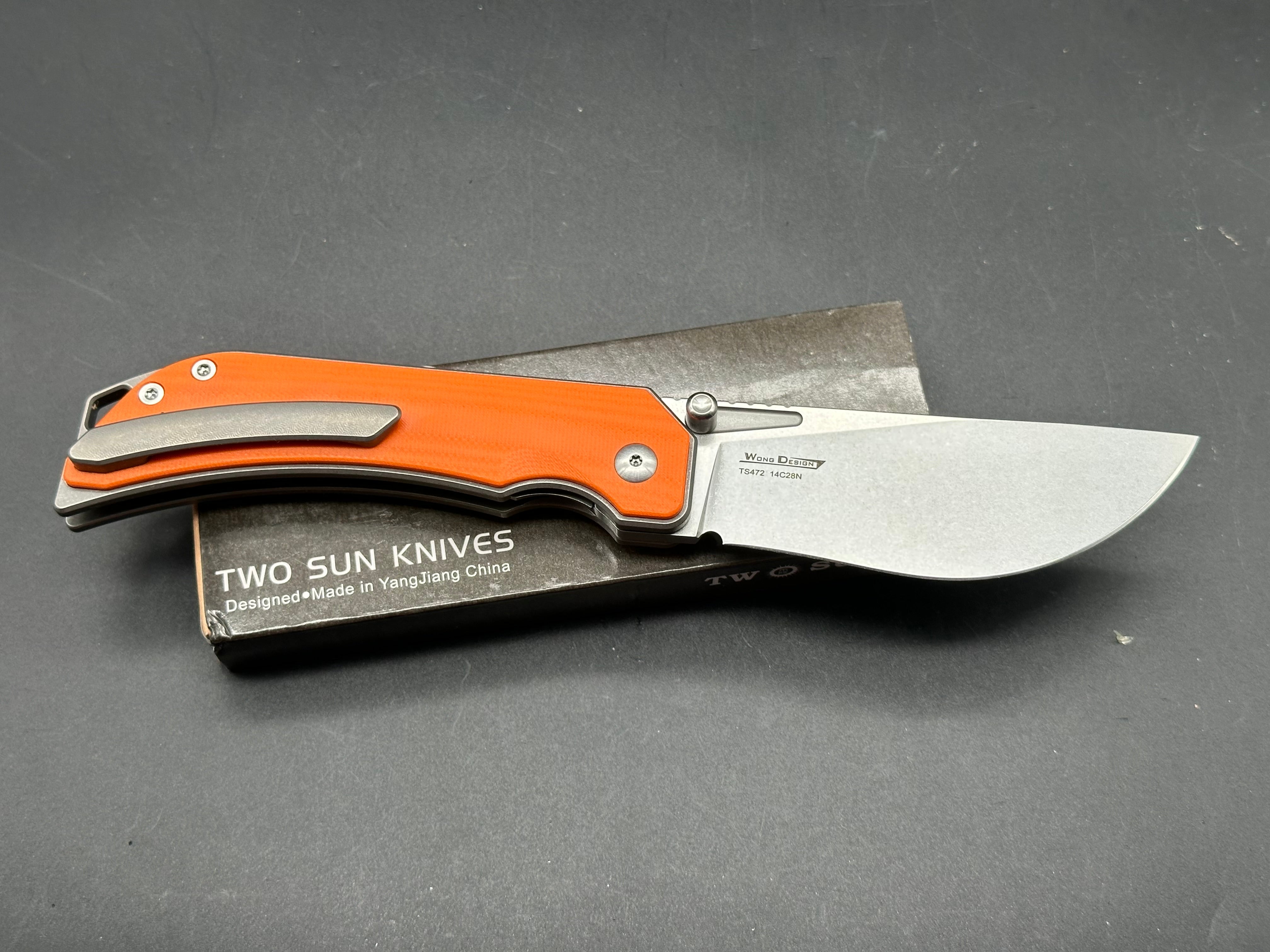 TWOSUN FOLDING KNIFE ORANGE TITANIUM/G10 HANDLE 14C28N PLAIN EDGE TS472 14C28N