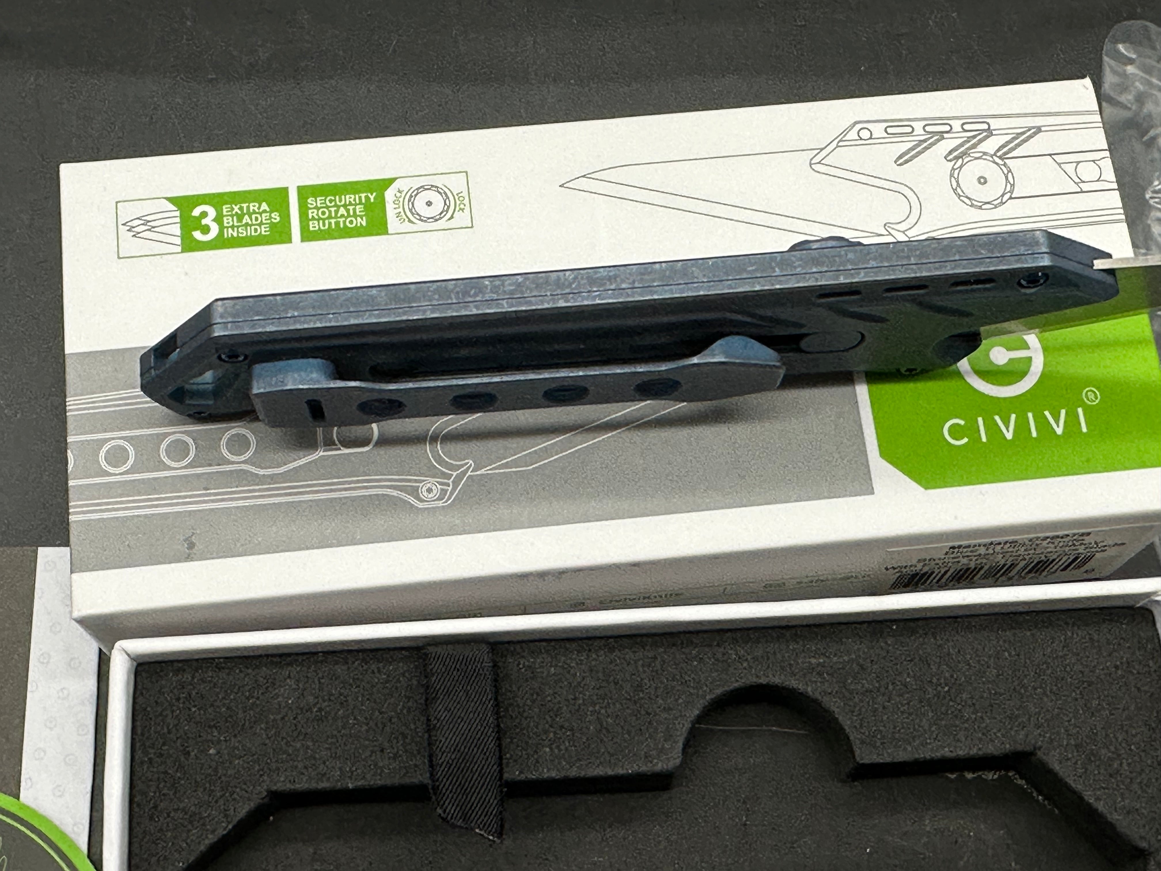 Civivi Mandate Utility Knife Blades are 9CR18Mov Handle is Blue titanium