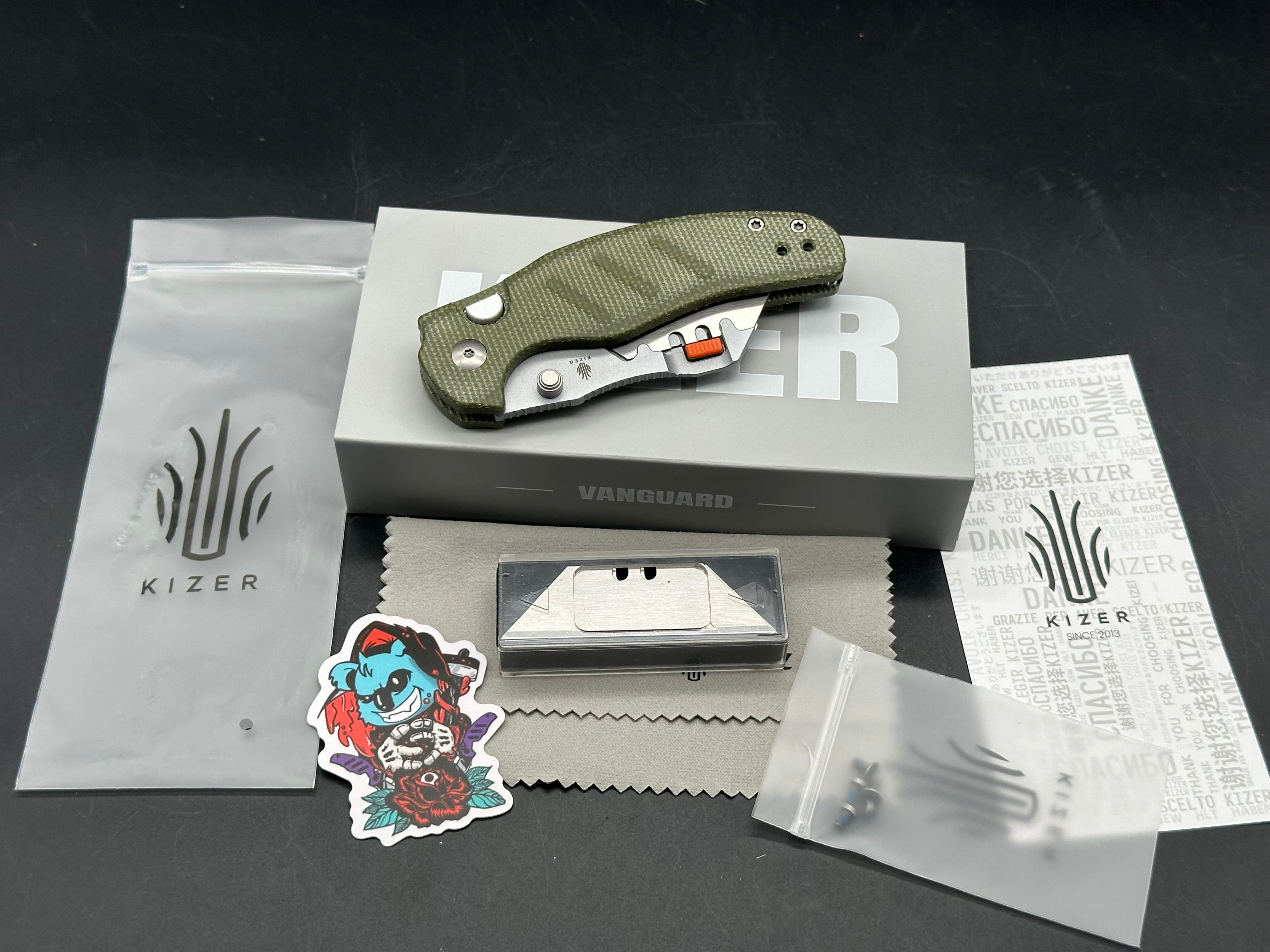 KIZER C01C UTI 2 UTILITY FOLDING KNIFE GREEN MICARTA HANDLE 5CR15MOV PLAIN EDGE BEAD BLAST FINISH