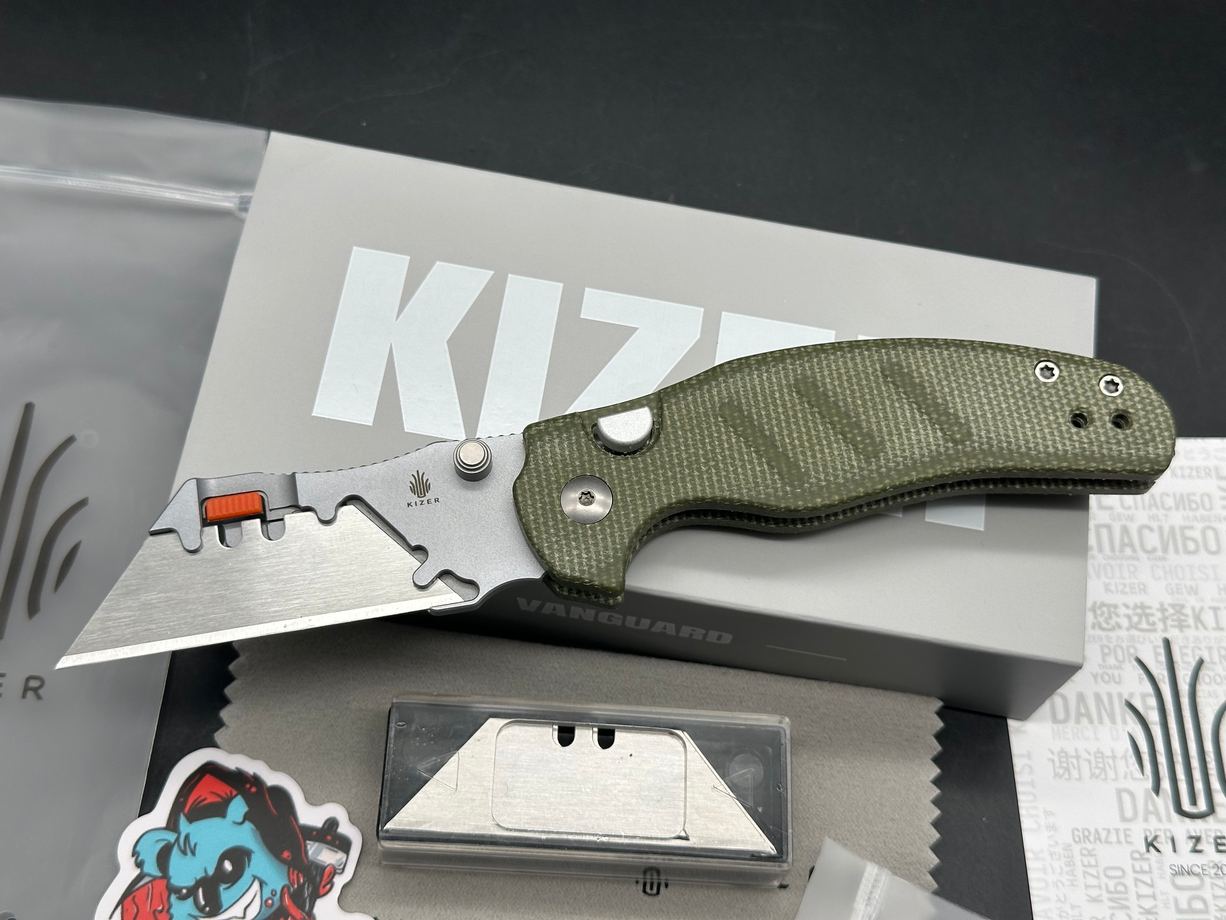 KIZER C01C UTI 2 UTILITY FOLDING KNIFE GREEN MICARTA HANDLE 5CR15MOV PLAIN EDGE BEAD BLAST FINISH