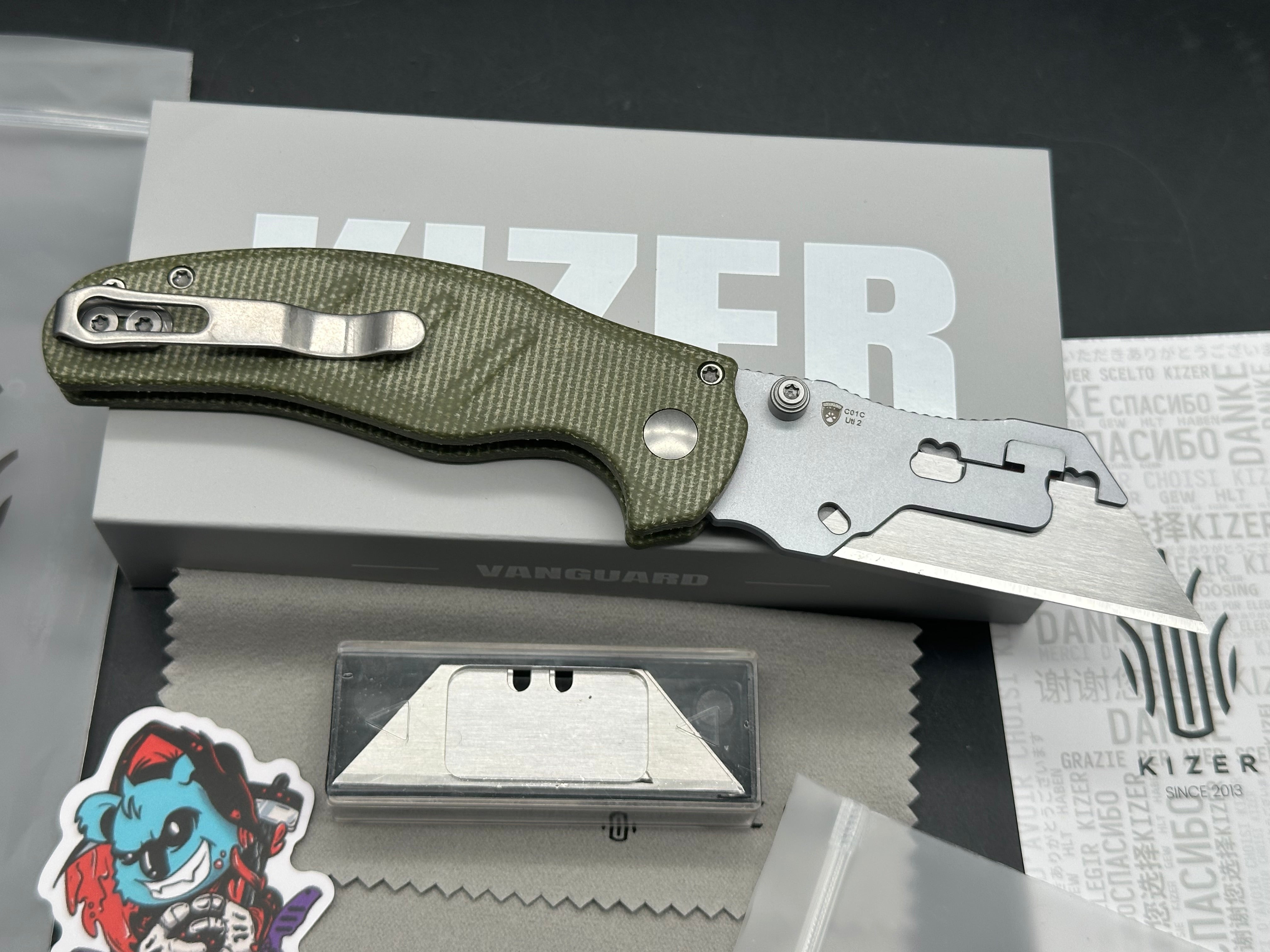 KIZER C01C UTI 2 UTILITY FOLDING KNIFE GREEN MICARTA HANDLE 5CR15MOV PLAIN EDGE BEAD BLAST FINISH