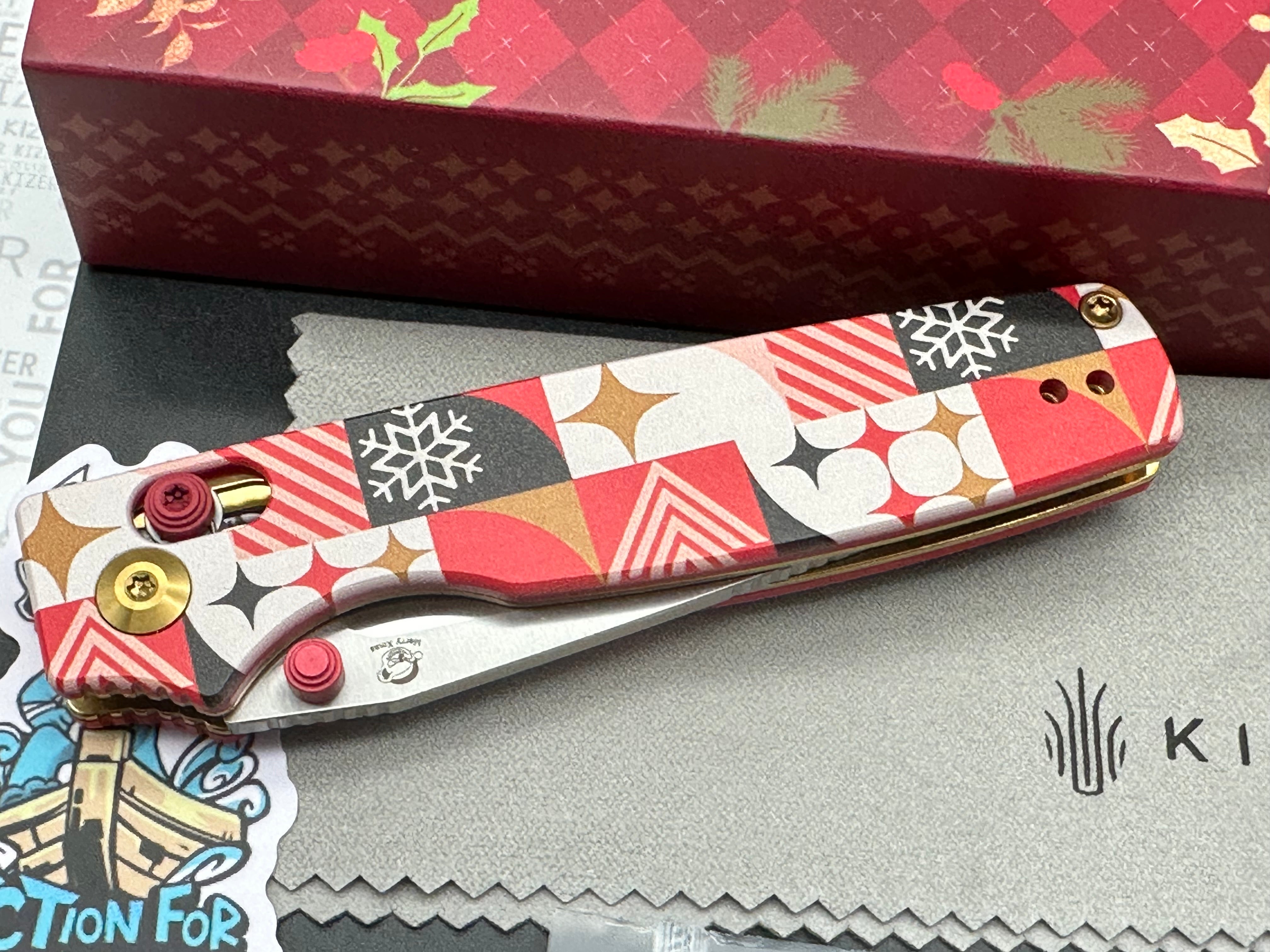 KIZER CHRISTMAS ORIGINAL 2 FOLDING KNIFE RED/WHITE PATTERN G10 HANDLE 14C28N DROP POINT PLAIN EDGE BLAST FINISH