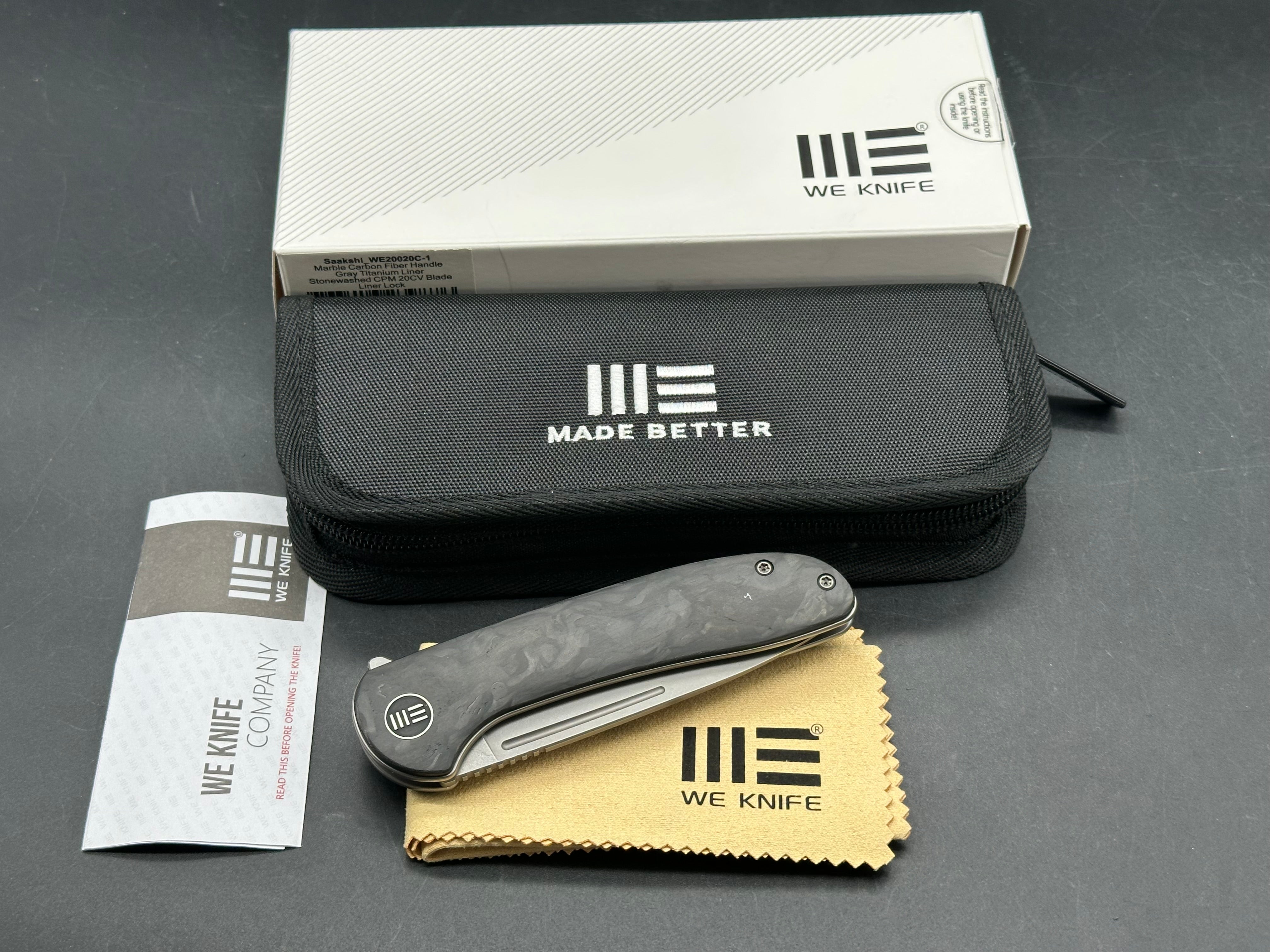 We Saakshi: 3.3 inch CPM-20CV blade, Stonewashed blade. Marble carbon fiber scales Liner lock