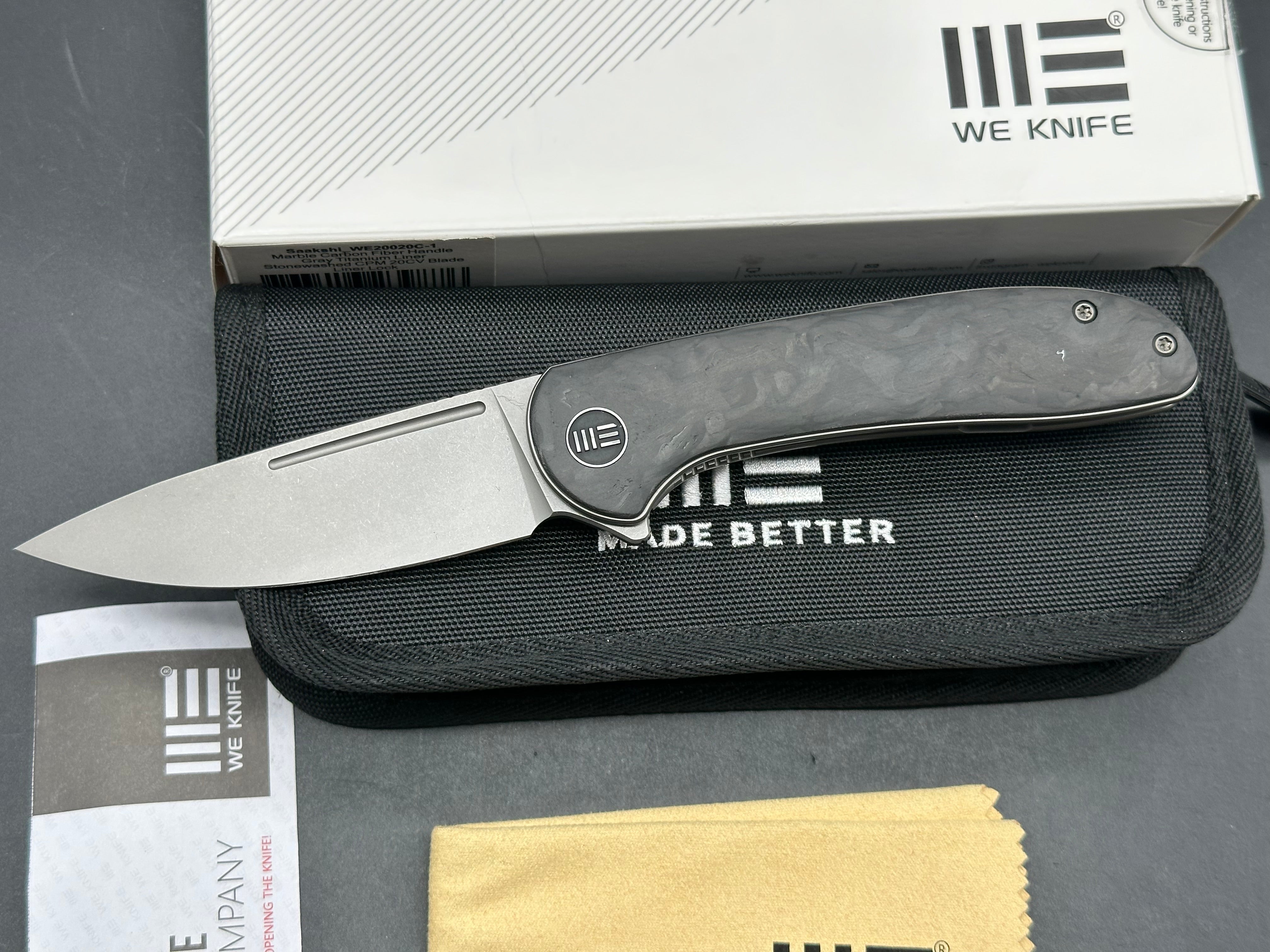 We Saakshi: 3.3 inch CPM-20CV blade, Stonewashed blade. Marble carbon fiber scales Liner lock