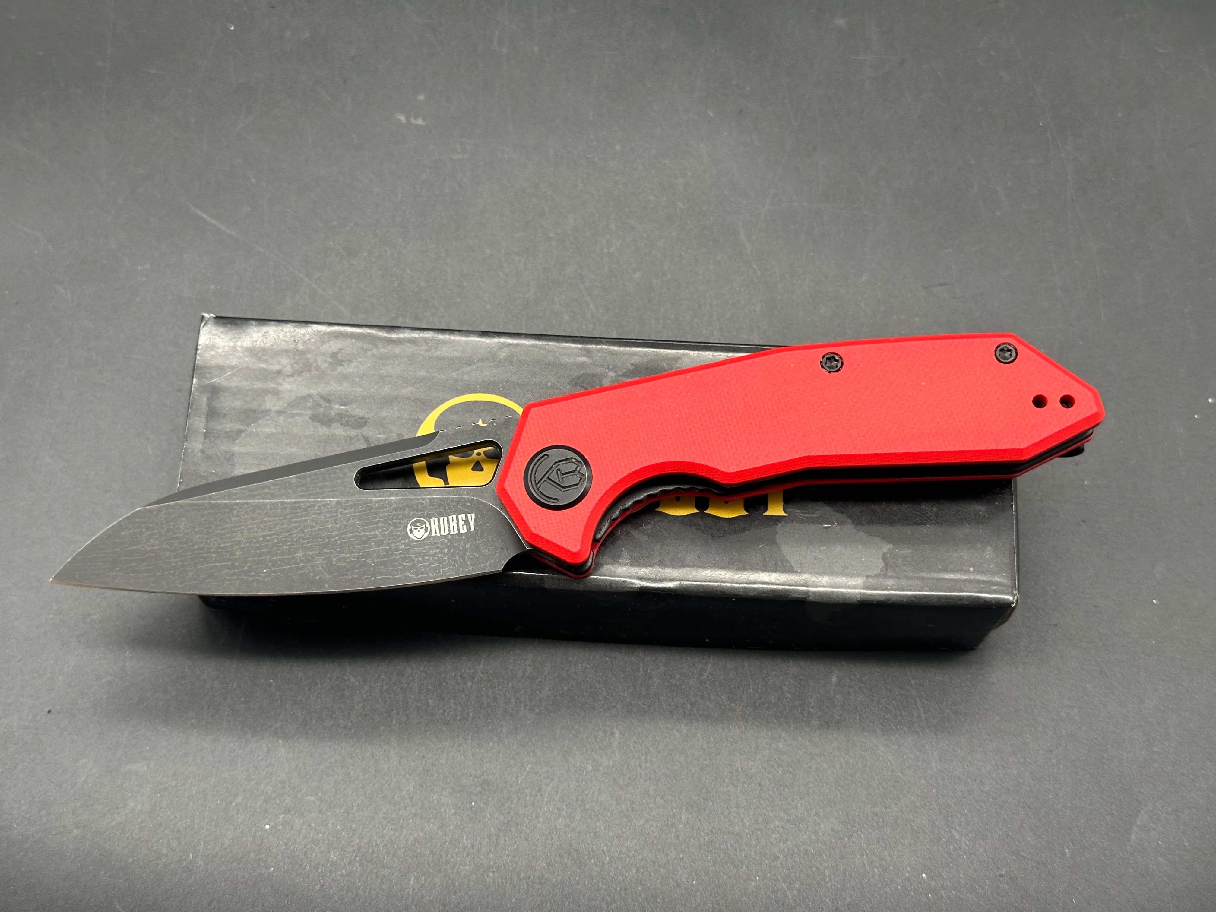 Kubey Vagrant Liner Lock Folding Knife Red G10 Handle 3.1" Blackwash 14C28N