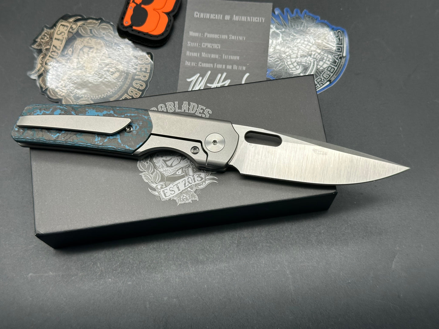 Berg Blades Sweeney, 3.35" 20CV Satin Blade with Stonewash Titanium & Arctic Storm Fat Carbon Handle