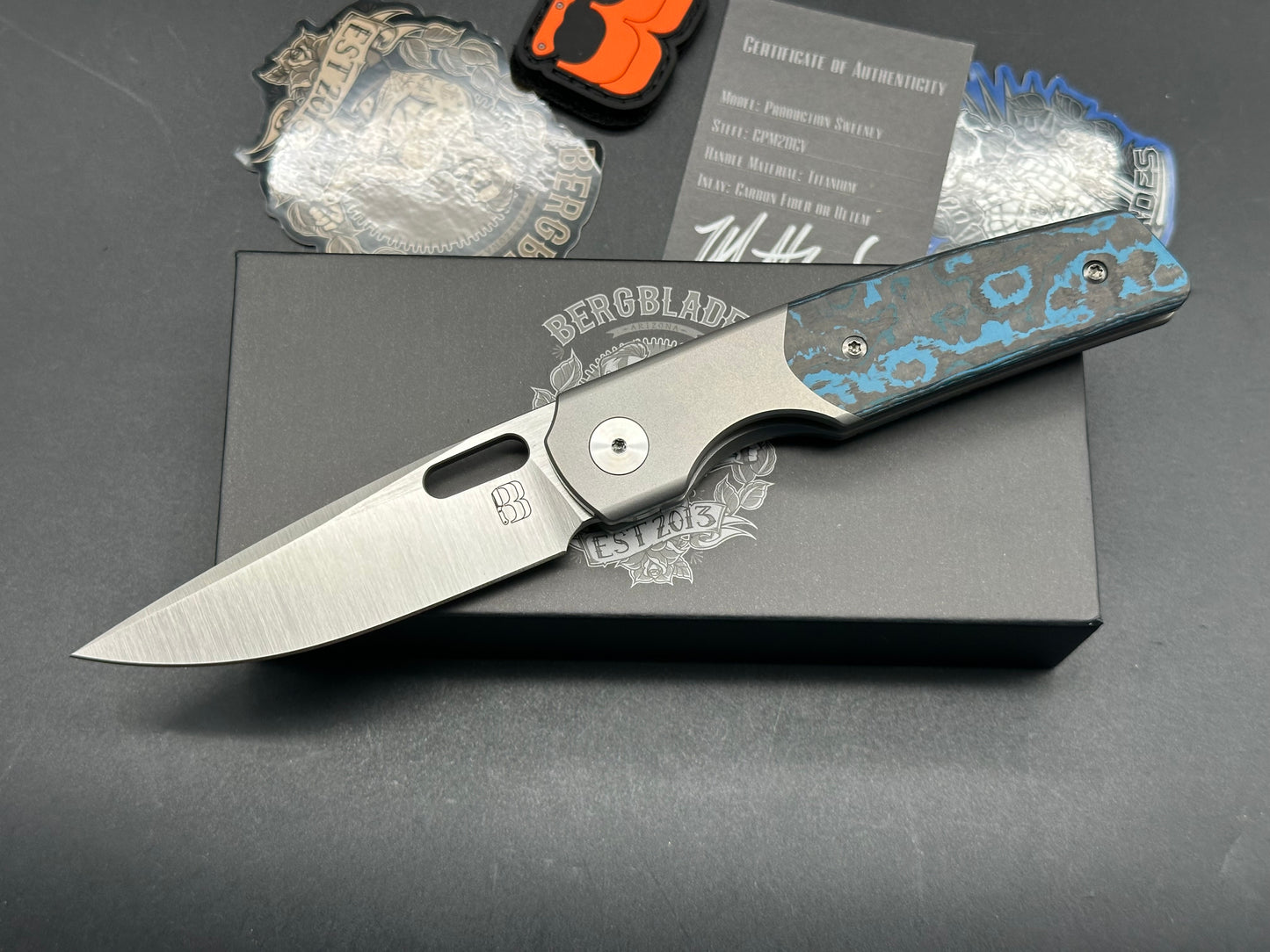 Berg Blades Sweeney, 3.35" 20CV Satin Blade with Stonewash Titanium & Arctic Storm Fat Carbon Handle