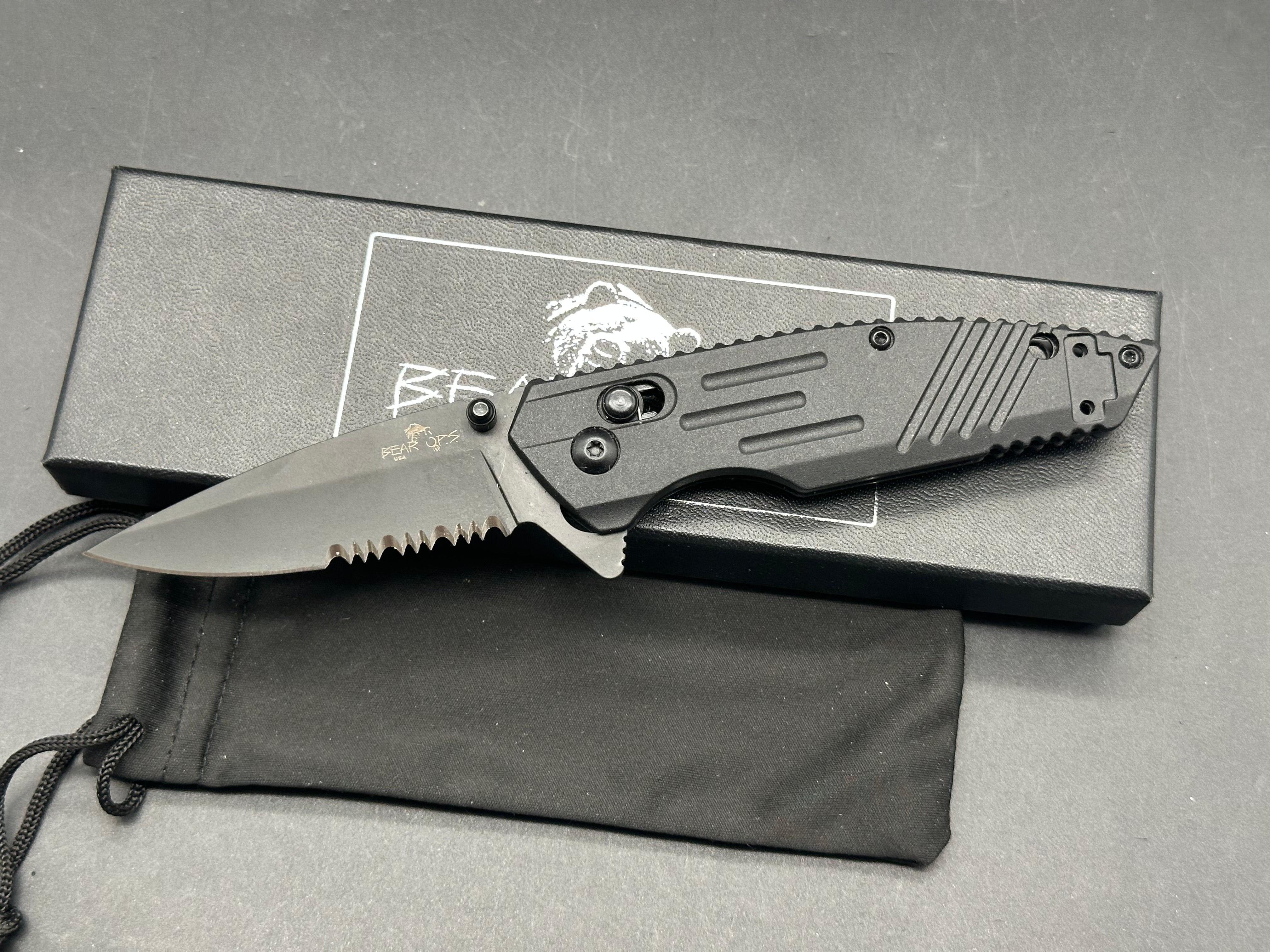 Bear OPS Rancor IX Slide Lock  2.83" D2 Black Serrated  Black Zytel Handles