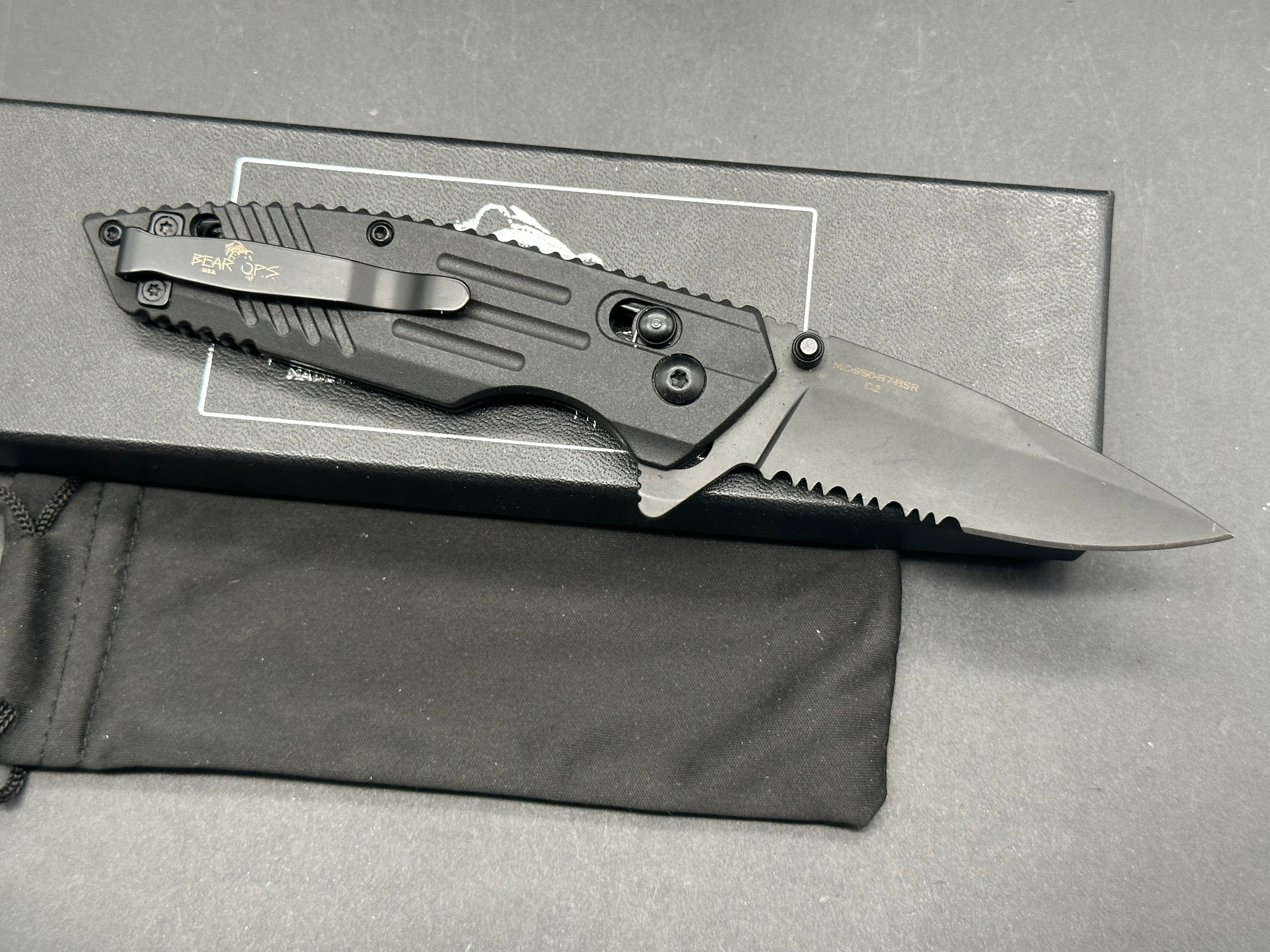 Bear OPS Rancor IX Slide Lock  2.83" D2 Black Serrated  Black Zytel Handles