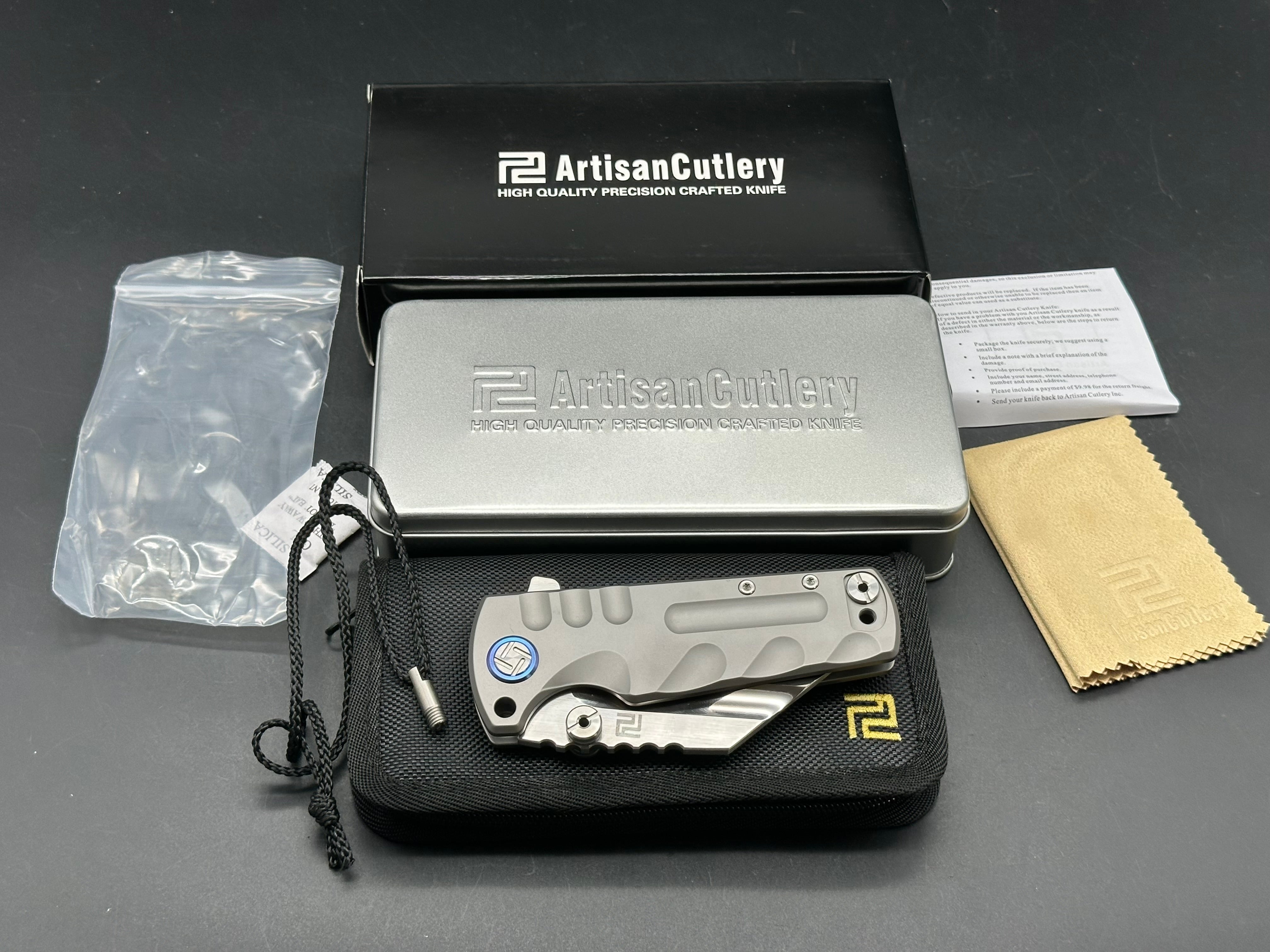 Artisan Cutlery Proponent: 3.85 inch, satin flat grind, s35VN Wharncliffe blade. Frame lock. Titanium handle