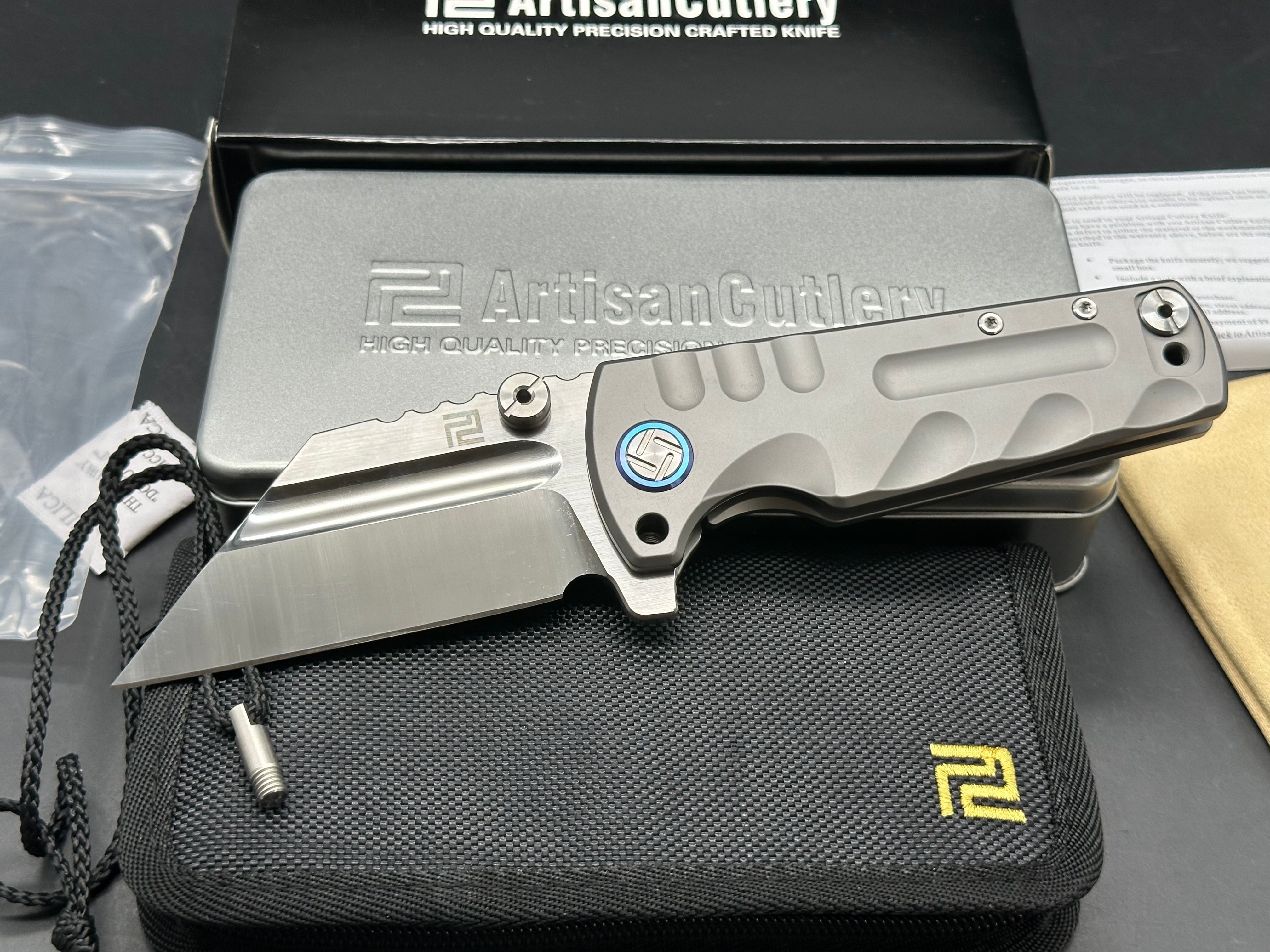 Artisan Cutlery Proponent: 3.85 inch, satin flat grind, s35VN Wharncliffe blade. Frame lock. Titanium handle