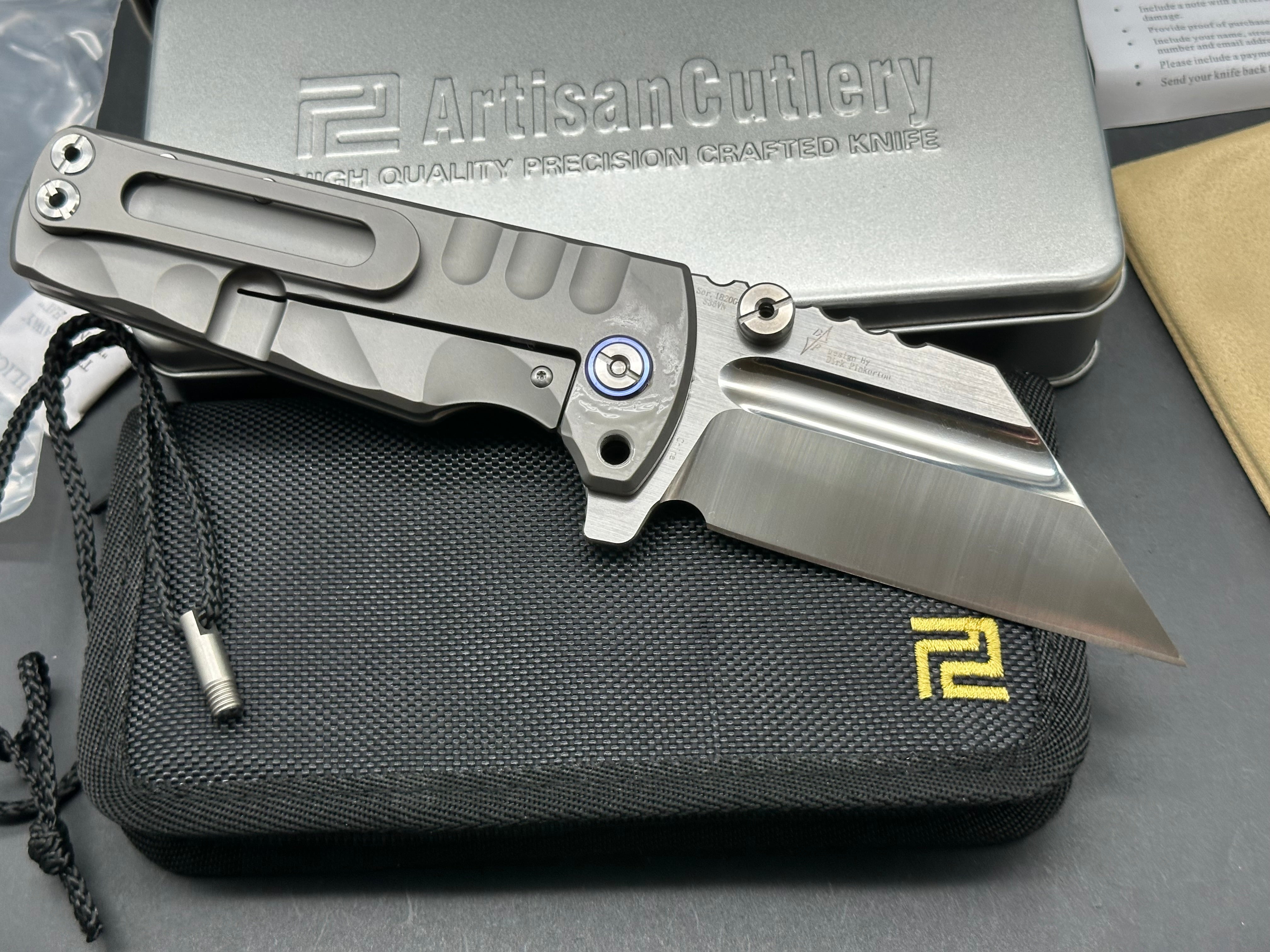 Artisan Cutlery Proponent: 3.85 inch, satin flat grind, s35VN Wharncliffe blade. Frame lock. Titanium handle