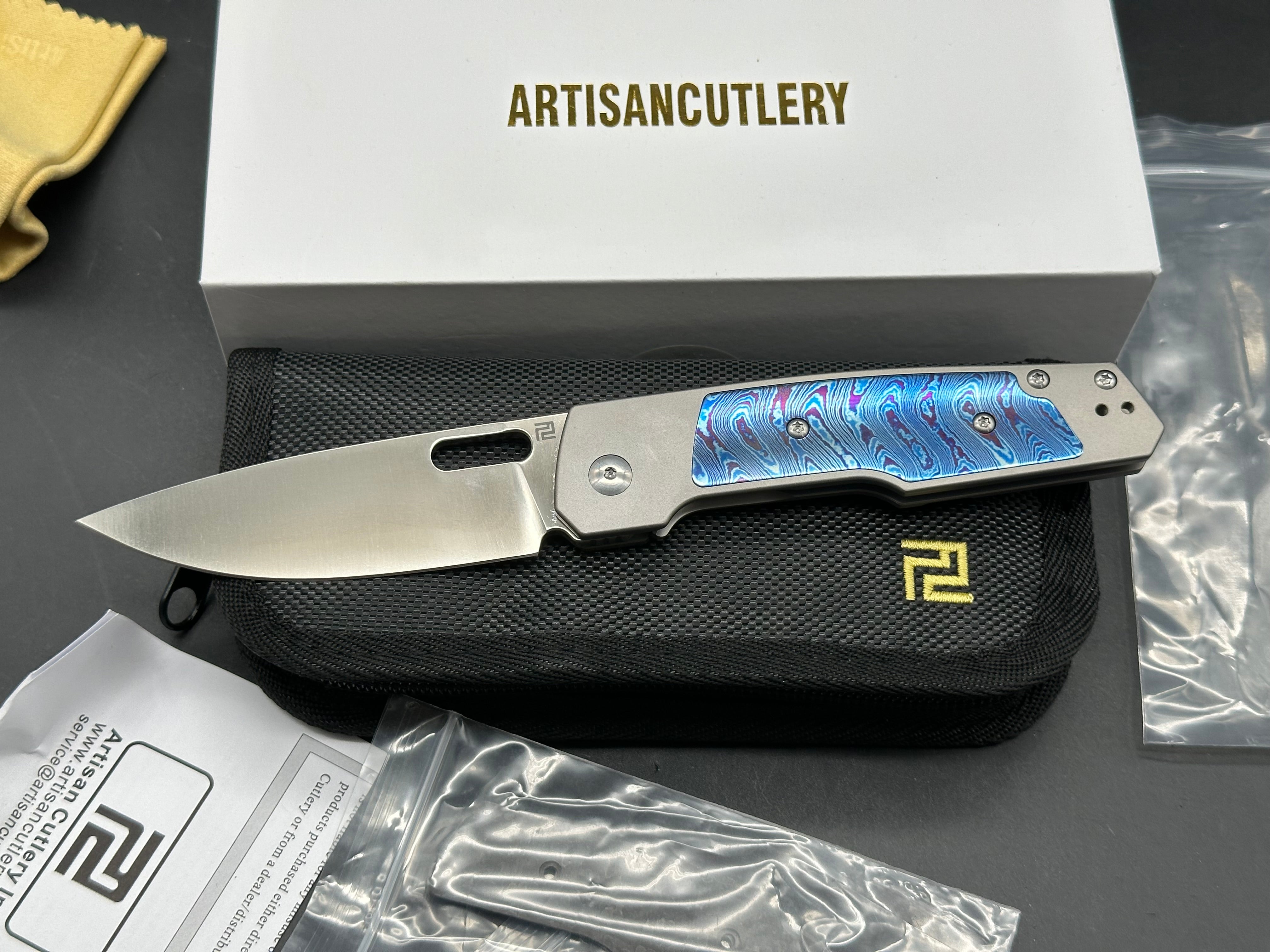 Artisan Cutlery The Queen's Gambit: Ray Laconico design. 3.5 inch CPM. S90v, sand polished drop point blade. Titanium and Timascus inlay handles