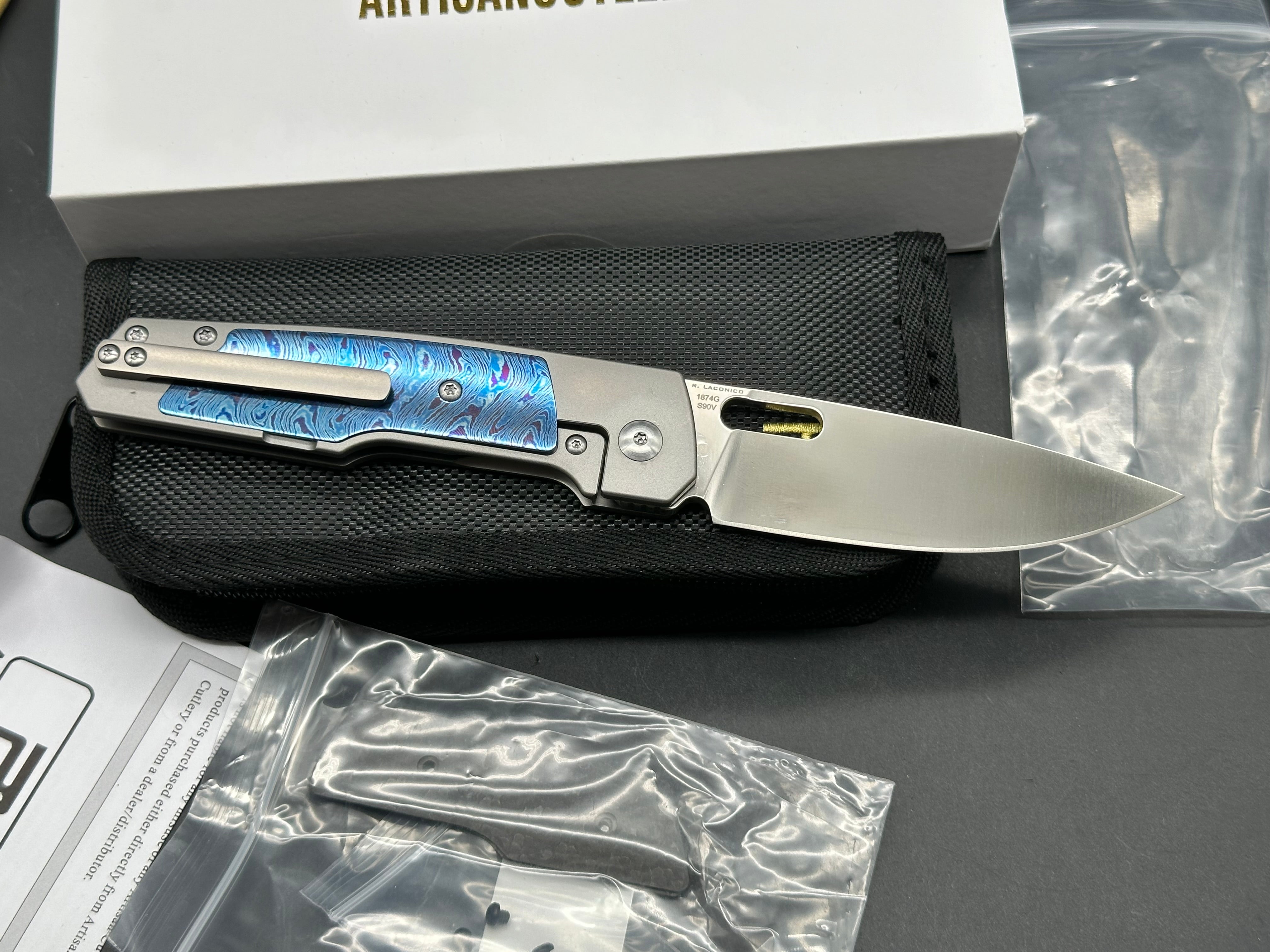 Artisan Cutlery The Queen's Gambit: Ray Laconico design. 3.5 inch CPM. S90v, sand polished drop point blade. Titanium and Timascus inlay handles