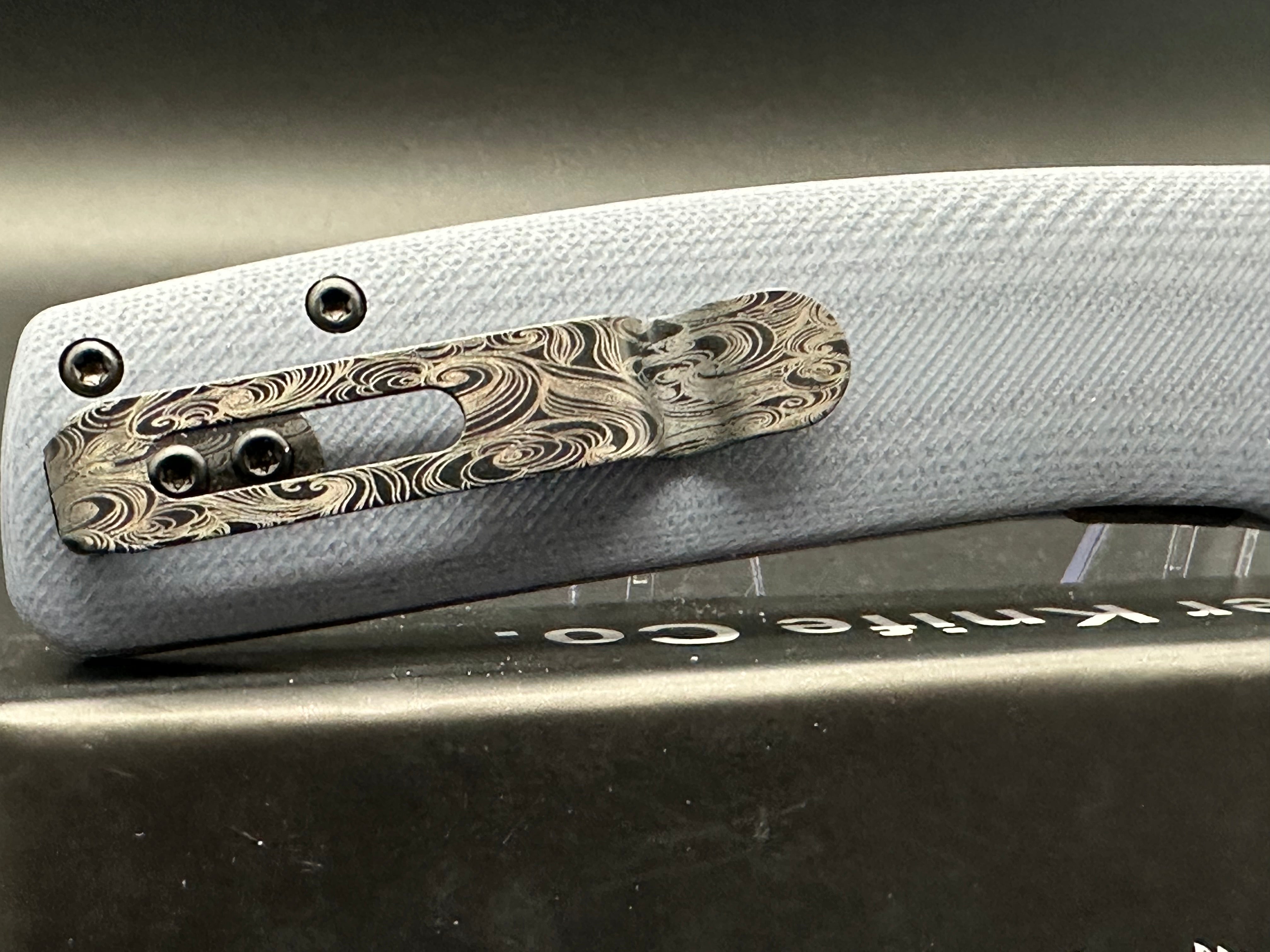 Asher Knives Spiro (Factory second) sea of snakes etch on the blade and clip grey scales