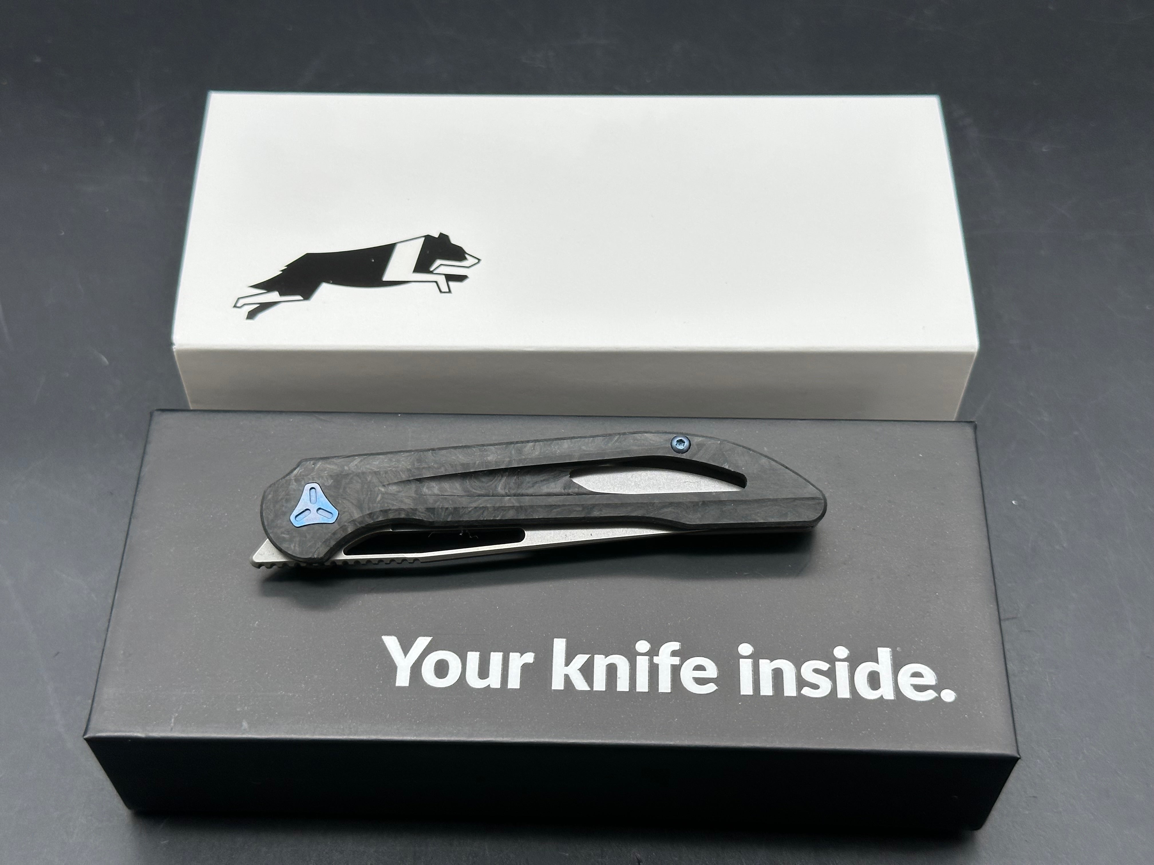 Boos Blades Mini Smoke: 3.2 inch CPM-20CV blade. Only 1.78 oz. Titanium and carbon fiber handle