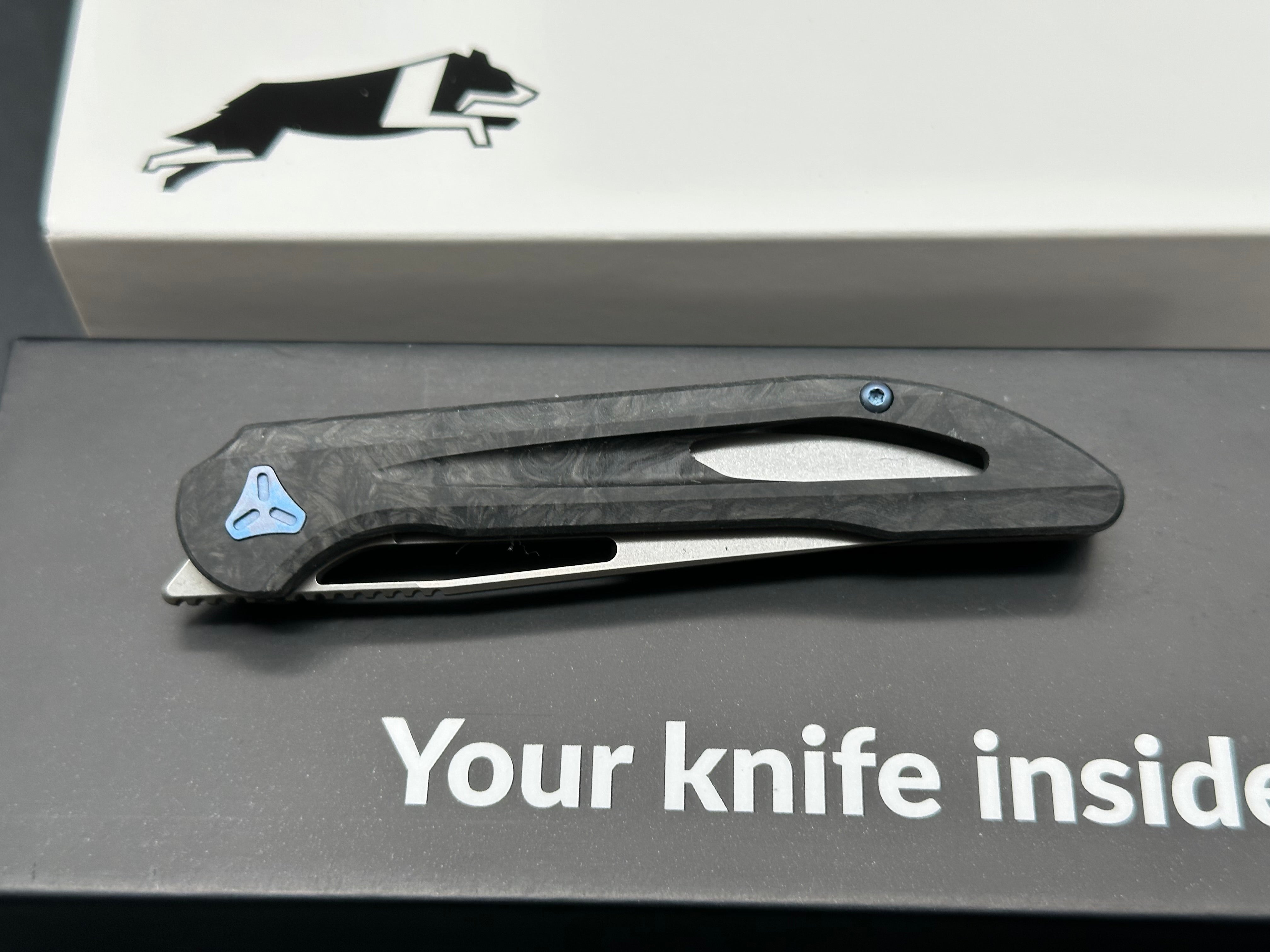 Boos Blades Mini Smoke: 3.2 inch CPM-20CV blade. Only 1.78 oz. Titanium and carbon fiber handle