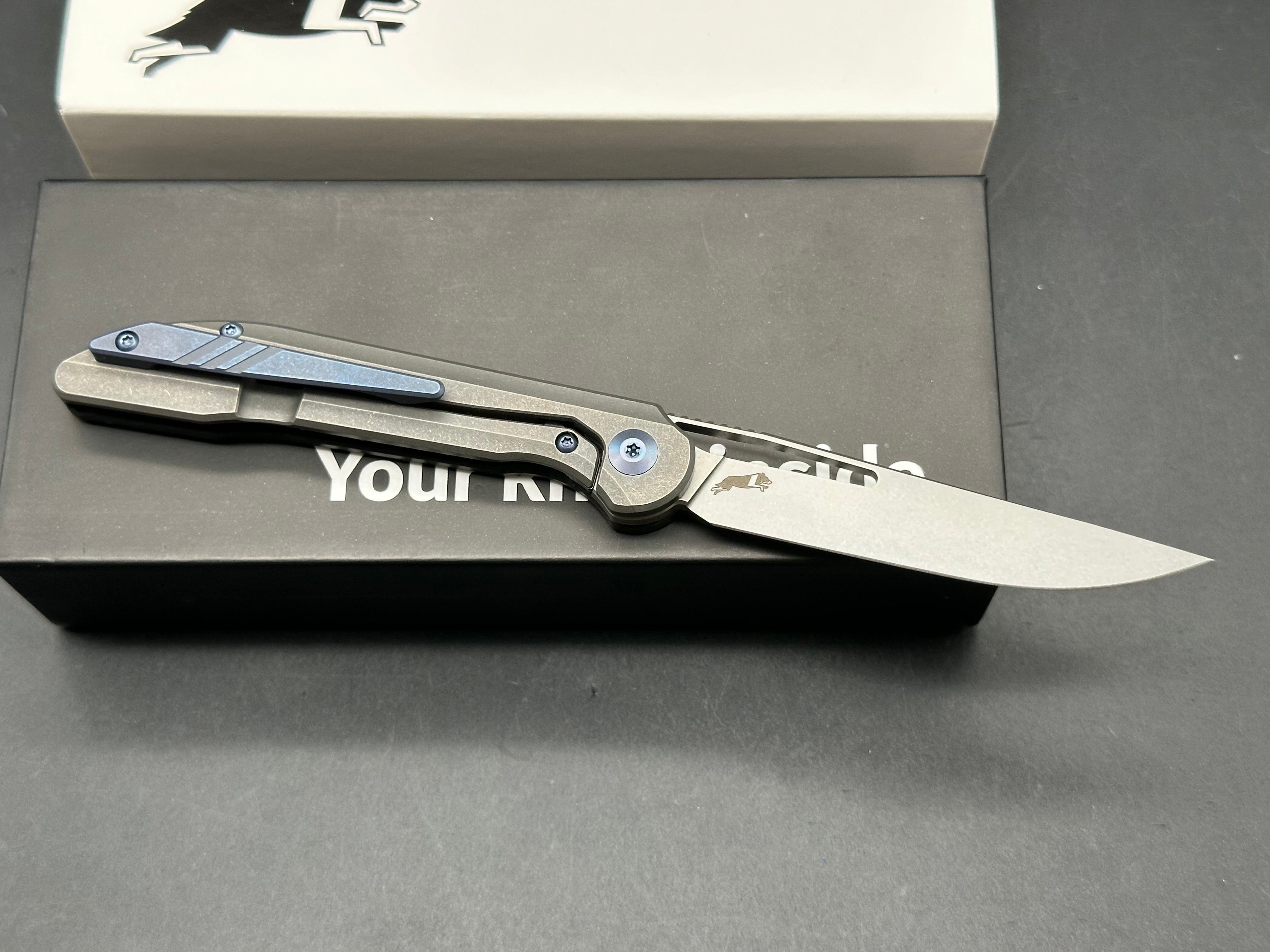 Boos Blades Mini Smoke: 3.2 inch CPM-20CV blade. Only 1.78 oz. Titanium and carbon fiber handle