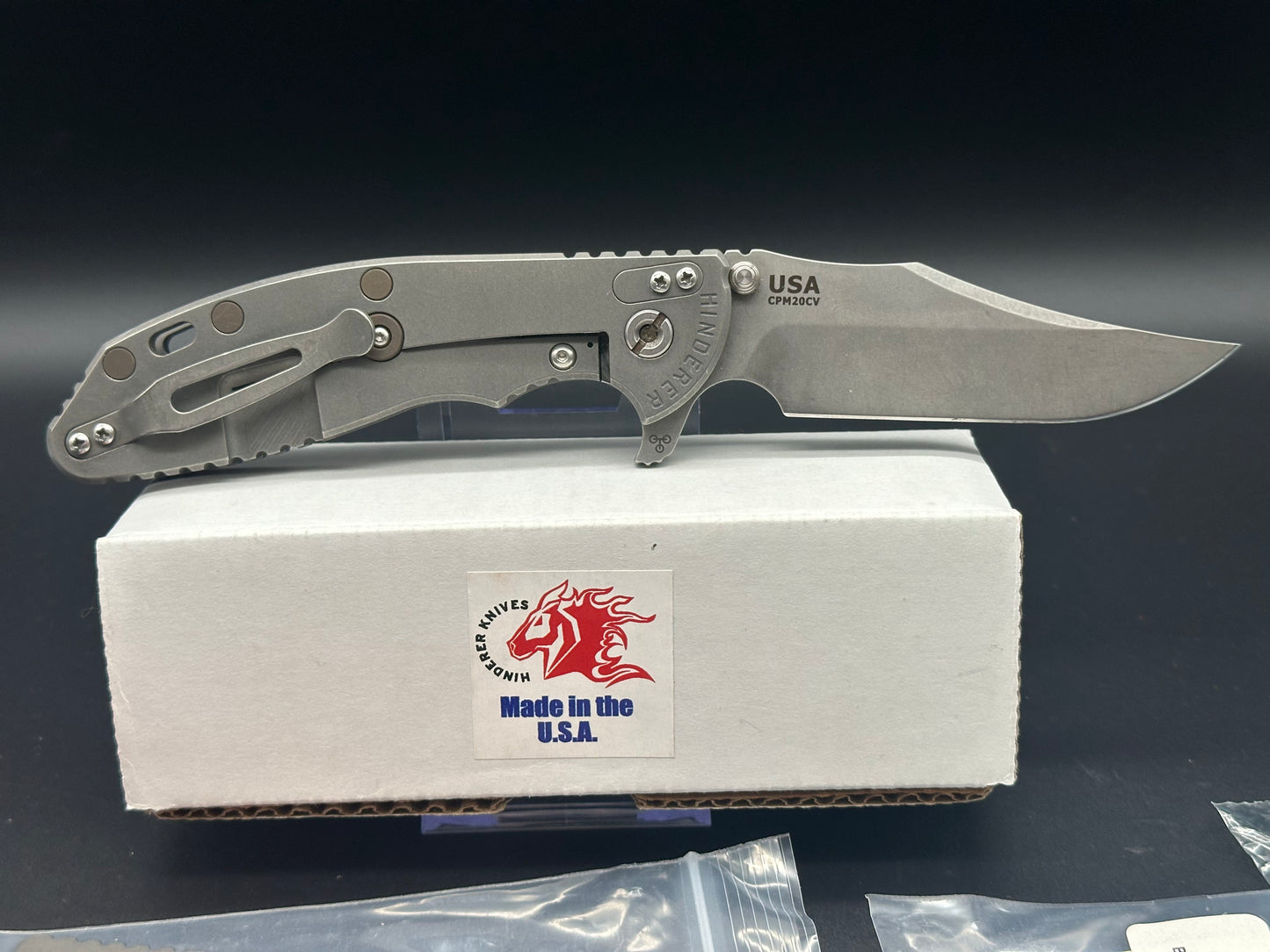 Hinderer XM-24 Bowie Working Finish, Full titanium, includes original Orange G10 scale