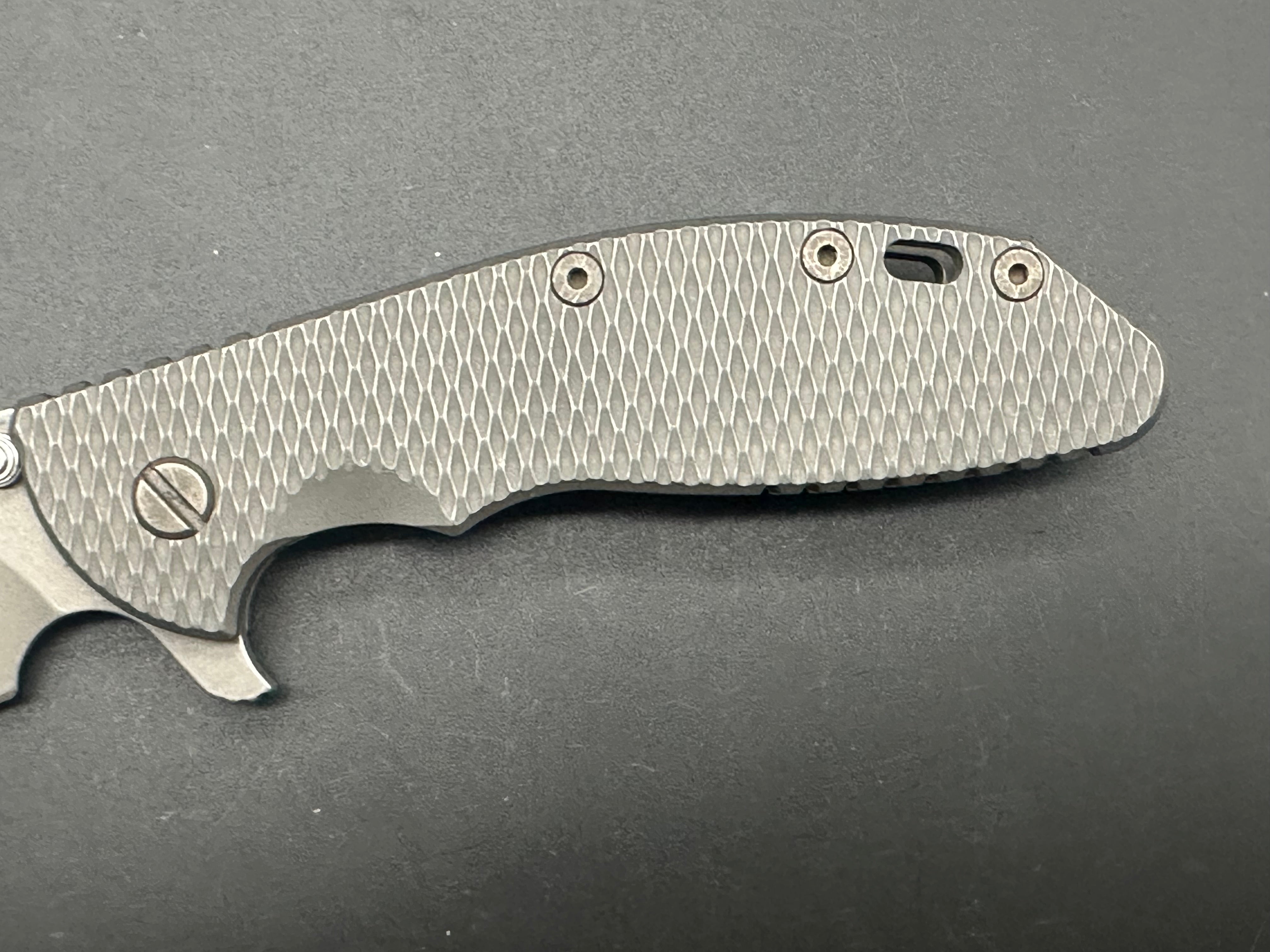 Hinderer XM-24 Bowie Working Finish, Full titanium, includes original Orange G10 scale