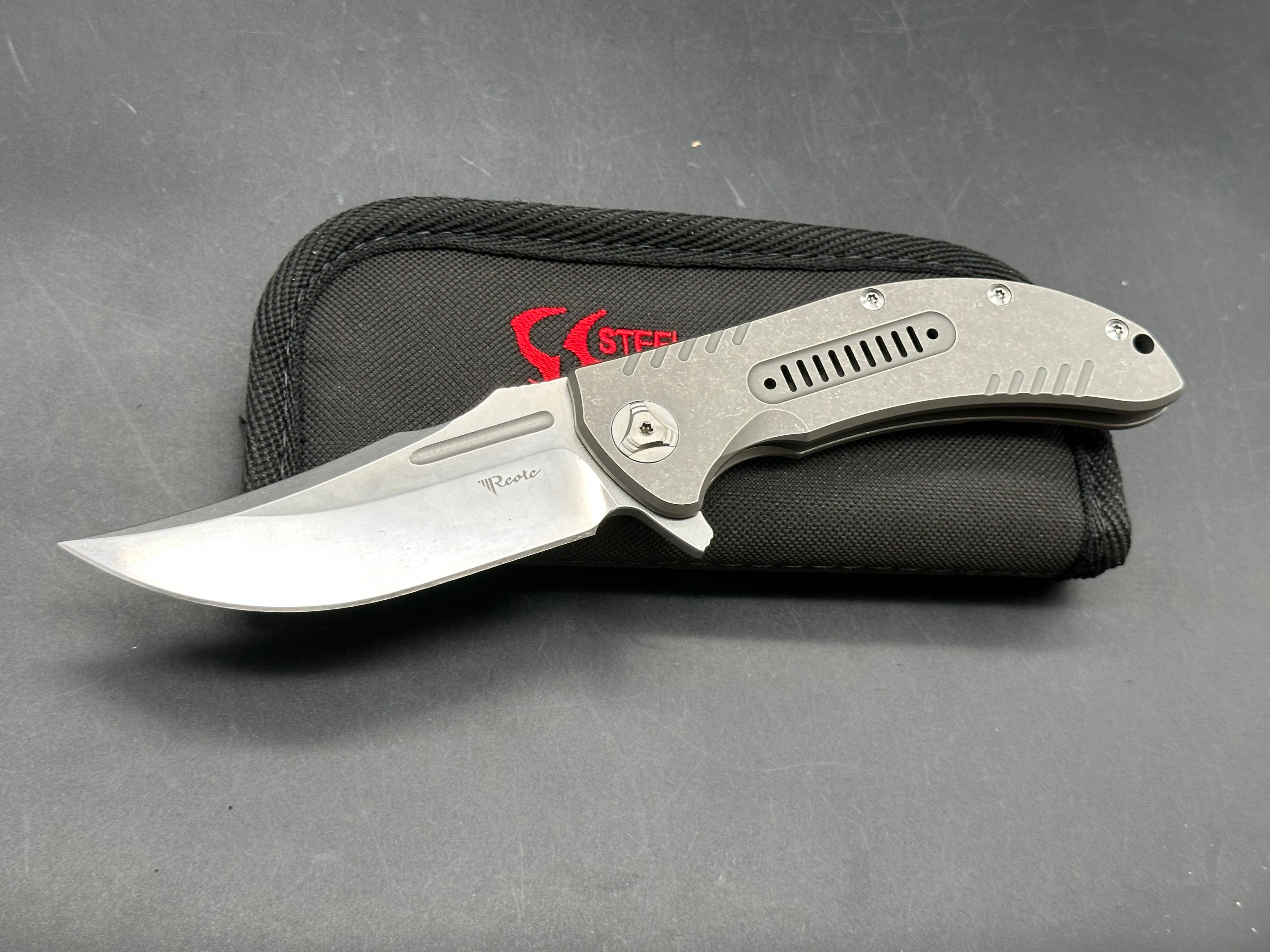 Reate Valhalla: Faisal Yamin design. 3.875 inch, clip point, stonewashed, flat grind freeze edged RWL-34 blade