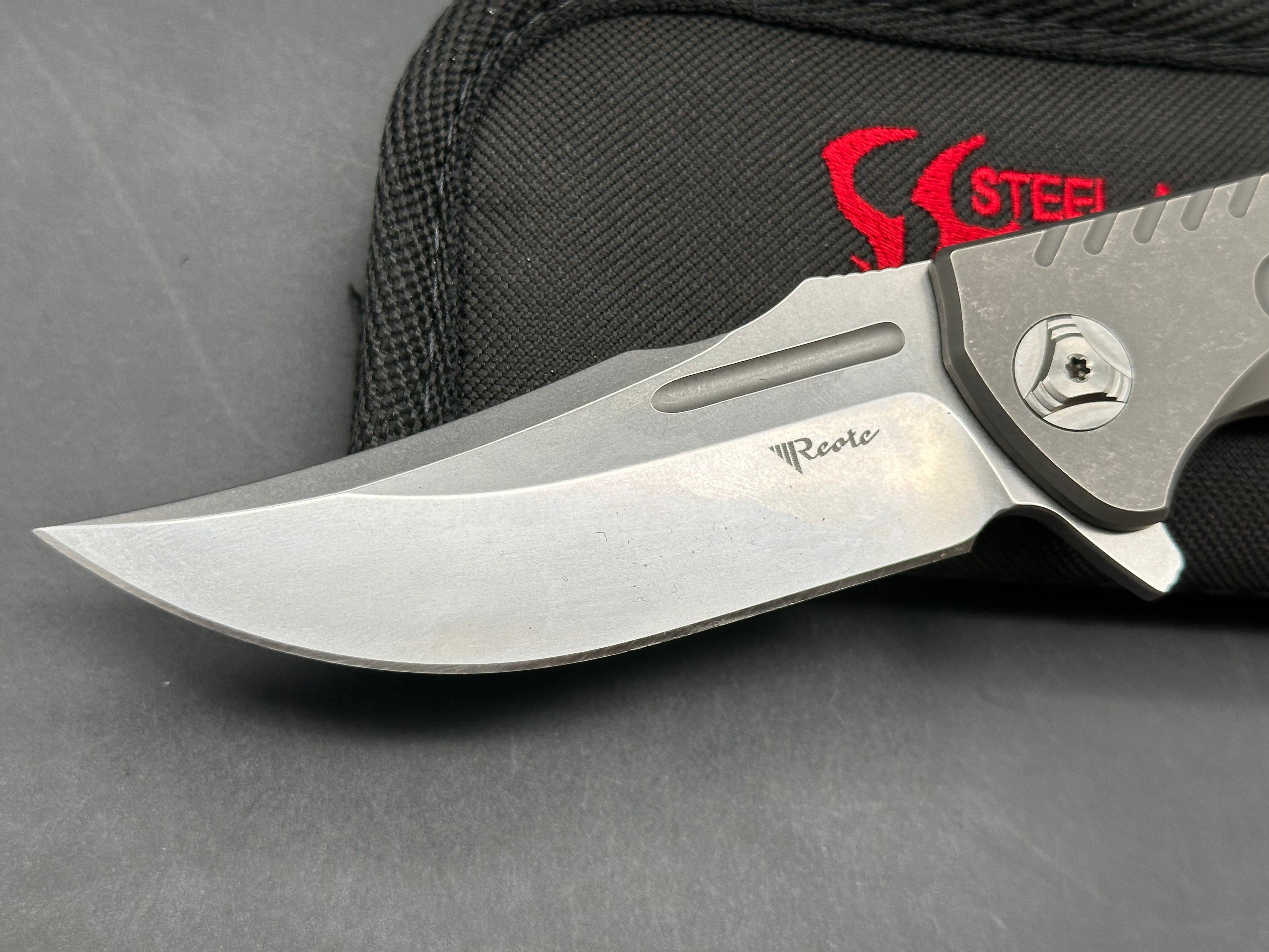 Reate Valhalla: Faisal Yamin design. 3.875 inch, clip point, stonewashed, flat grind freeze edged RWL-34 blade