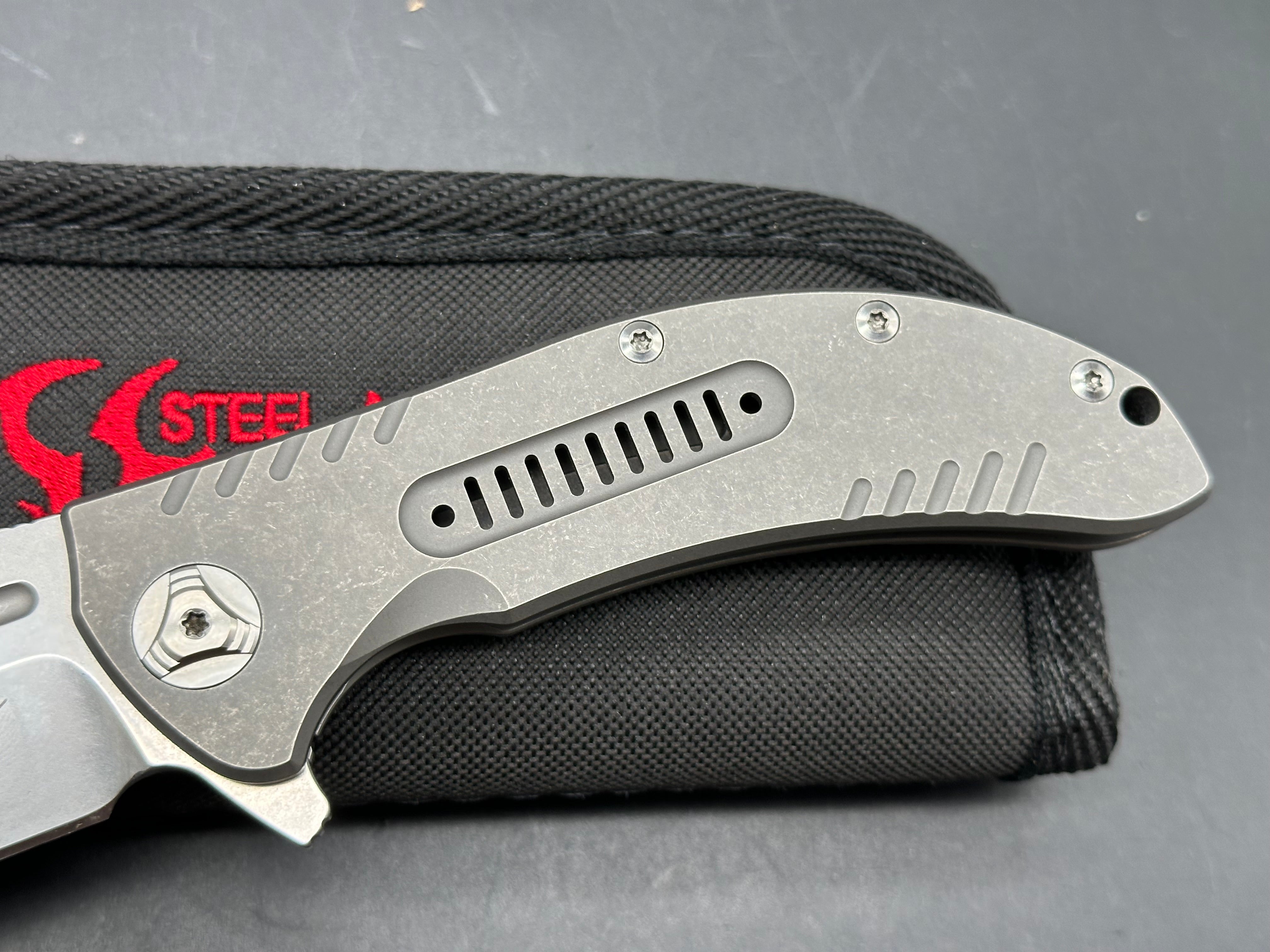 Reate Valhalla: Faisal Yamin design. 3.875 inch, clip point, stonewashed, flat grind freeze edged RWL-34 blade