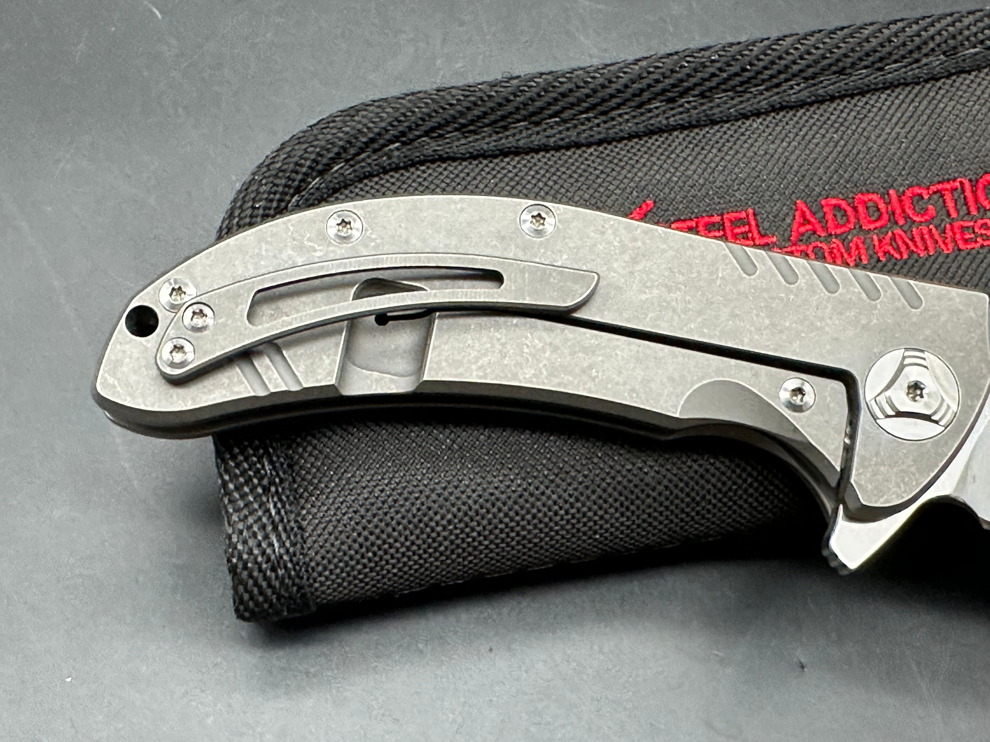 Reate Valhalla: Faisal Yamin design. 3.875 inch, clip point, stonewashed, flat grind freeze edged RWL-34 blade