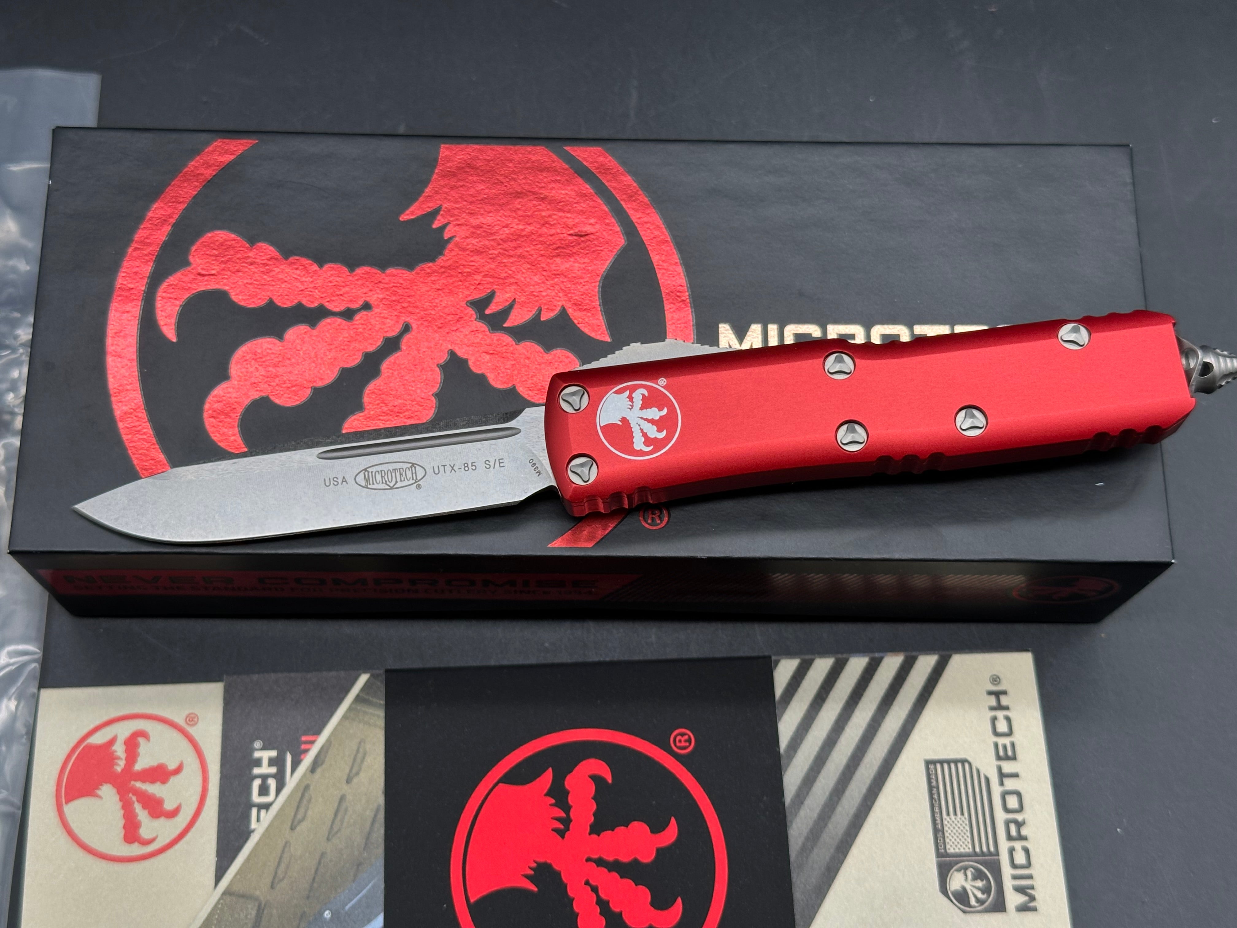 Microtech UTX-85 S/E OTF Automatic Knife Red (3.125" Stonewash) 231-10RD
