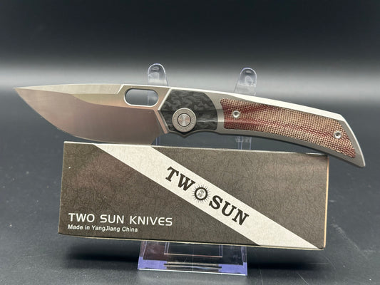 TWOSUN TS142-M390 BROWN MICARTA/CARBON FIBER HANDLE M390 PLAIN EDGE