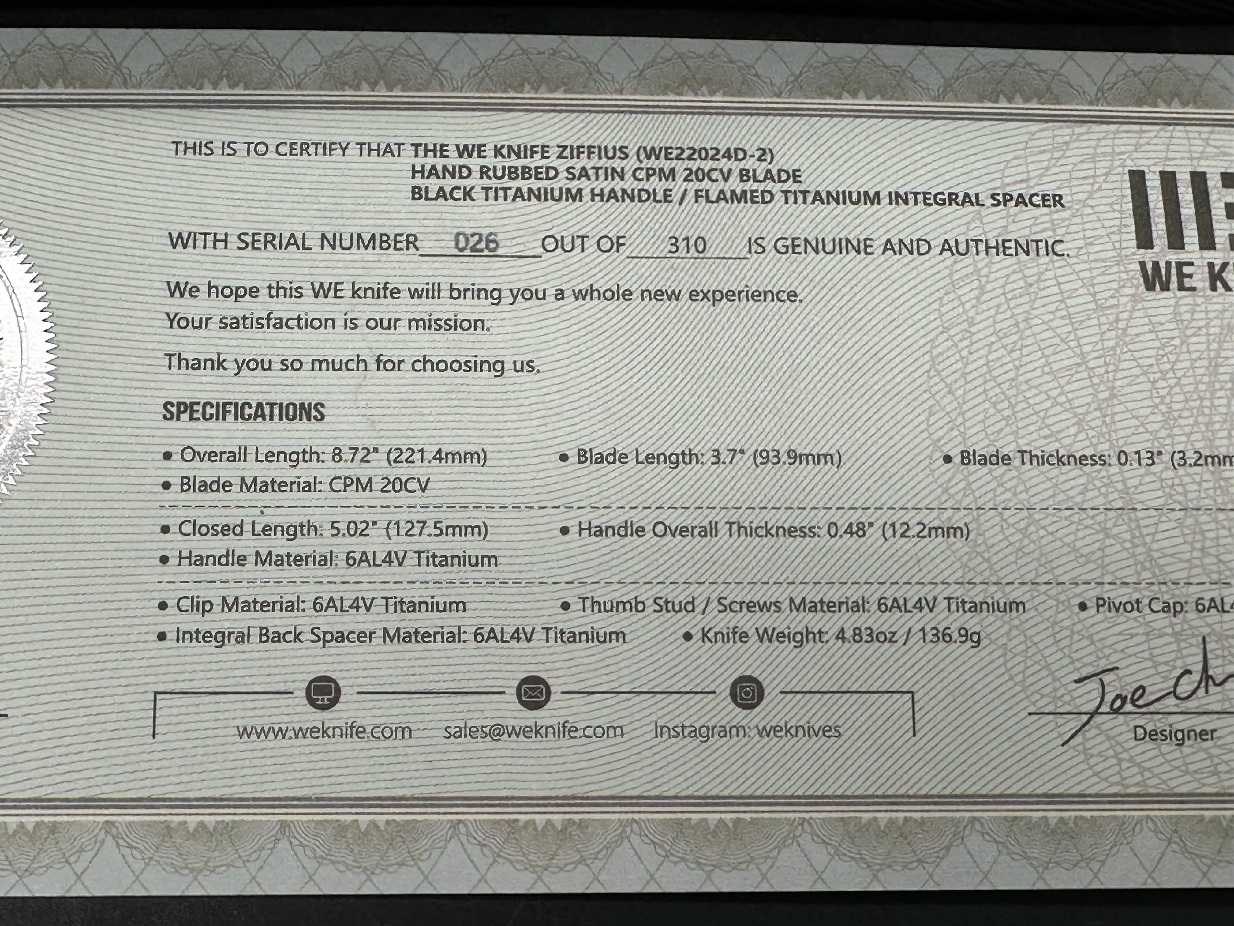 We Knife Limited Edition Ziffius #26/310