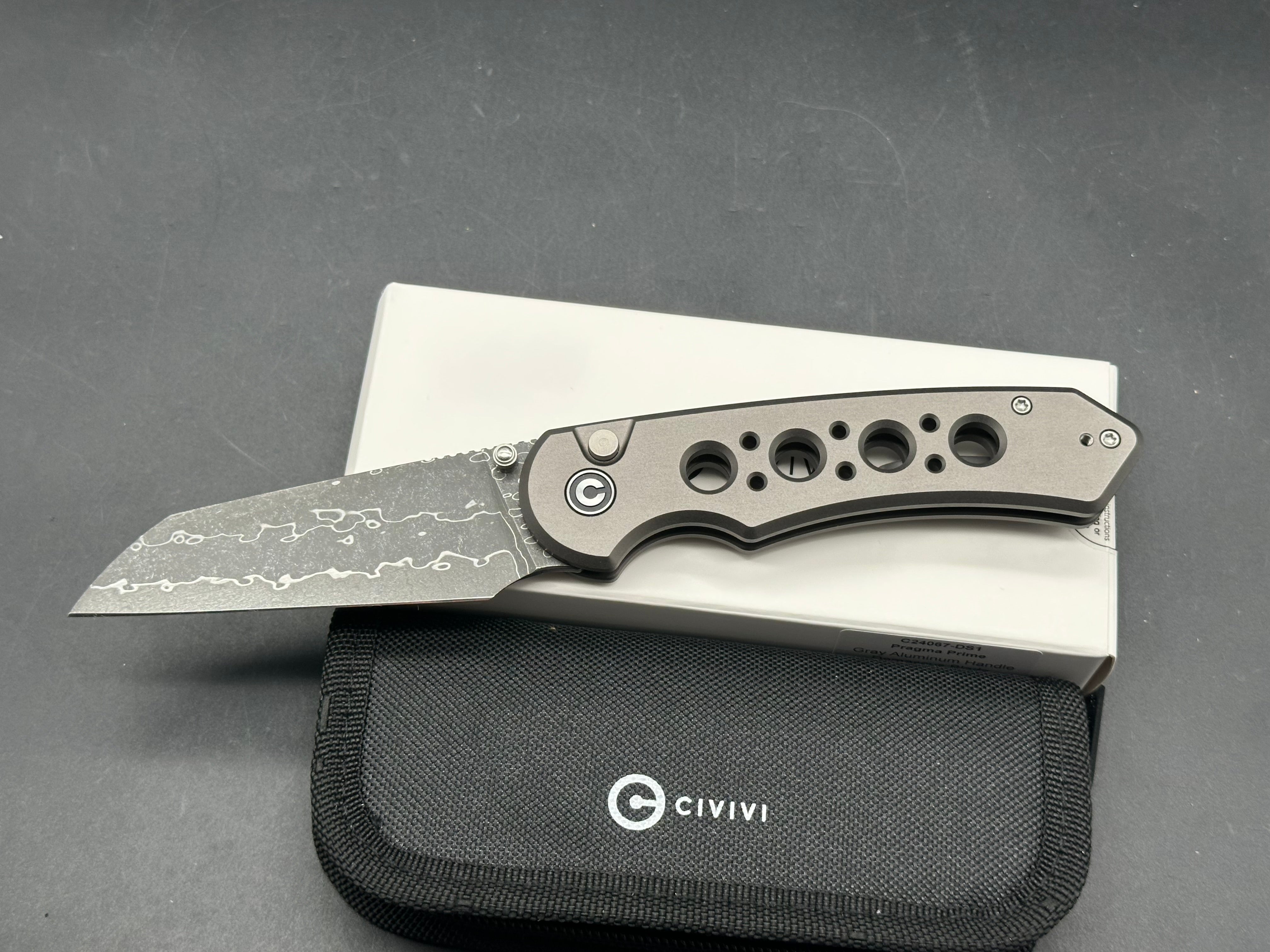 CIVIVI Pragma Prime Thumb Stud & Button Lock Knife Aluminum Handle (3.49" Damascus Blade)