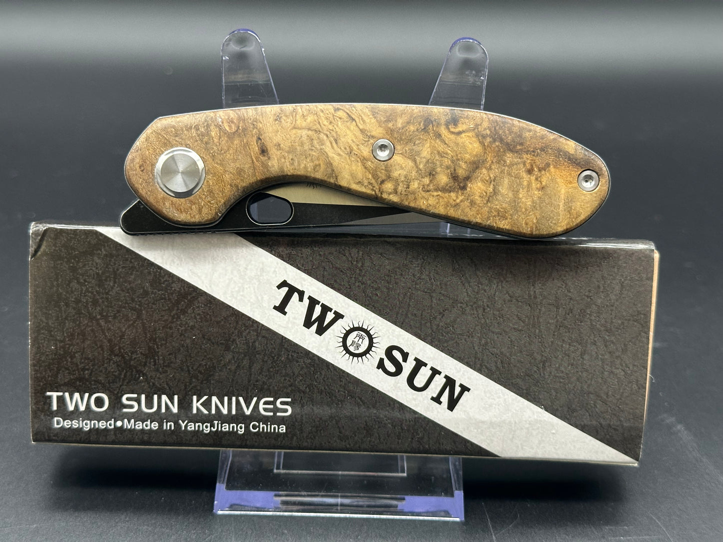 TWOSUN TS180-WOOD TEPE FOLDING KNIFE BURL WOOD HANDLE 14C28N PLAIN EDGE