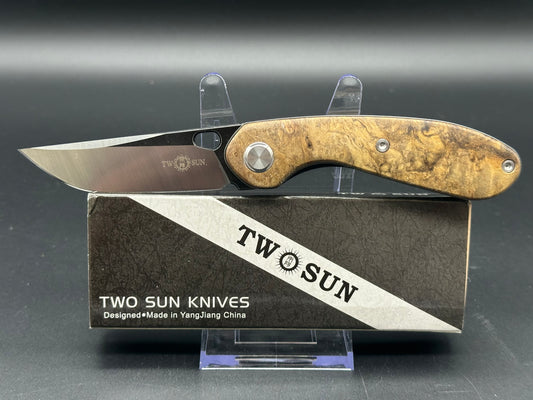 TWOSUN TS180-WOOD TEPE FOLDING KNIFE BURL WOOD HANDLE 14C28N PLAIN EDGE