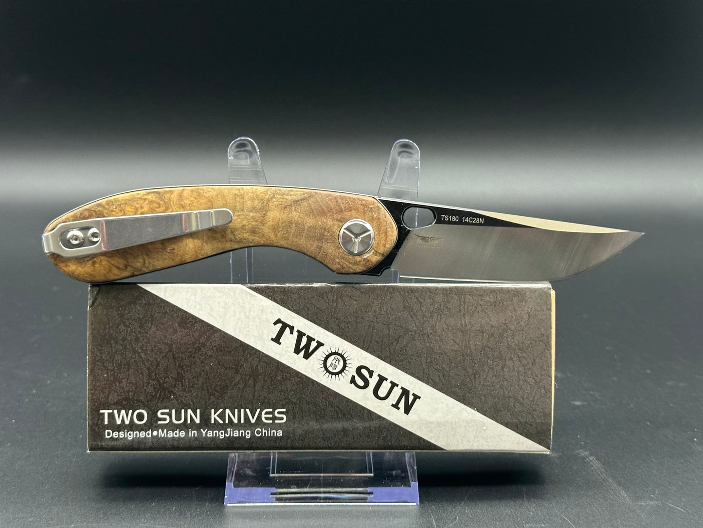 TWOSUN TS180-WOOD TEPE FOLDING KNIFE BURL WOOD HANDLE 14C28N PLAIN EDGE