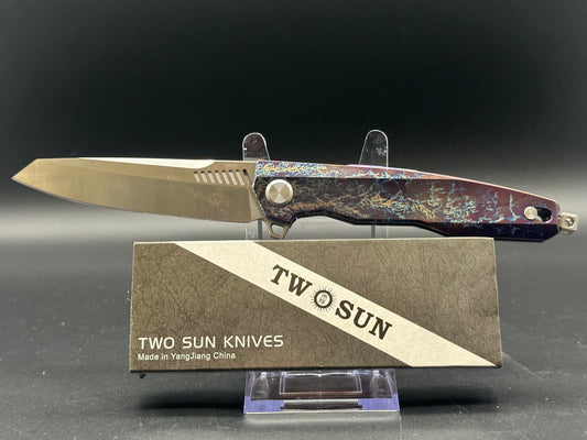 TWOSUN TS88-COLOR TENON-AND-MORTISE FOLDING KNIFE PURPLE/BLUE PATTERN TITANIUM HANDLE M390