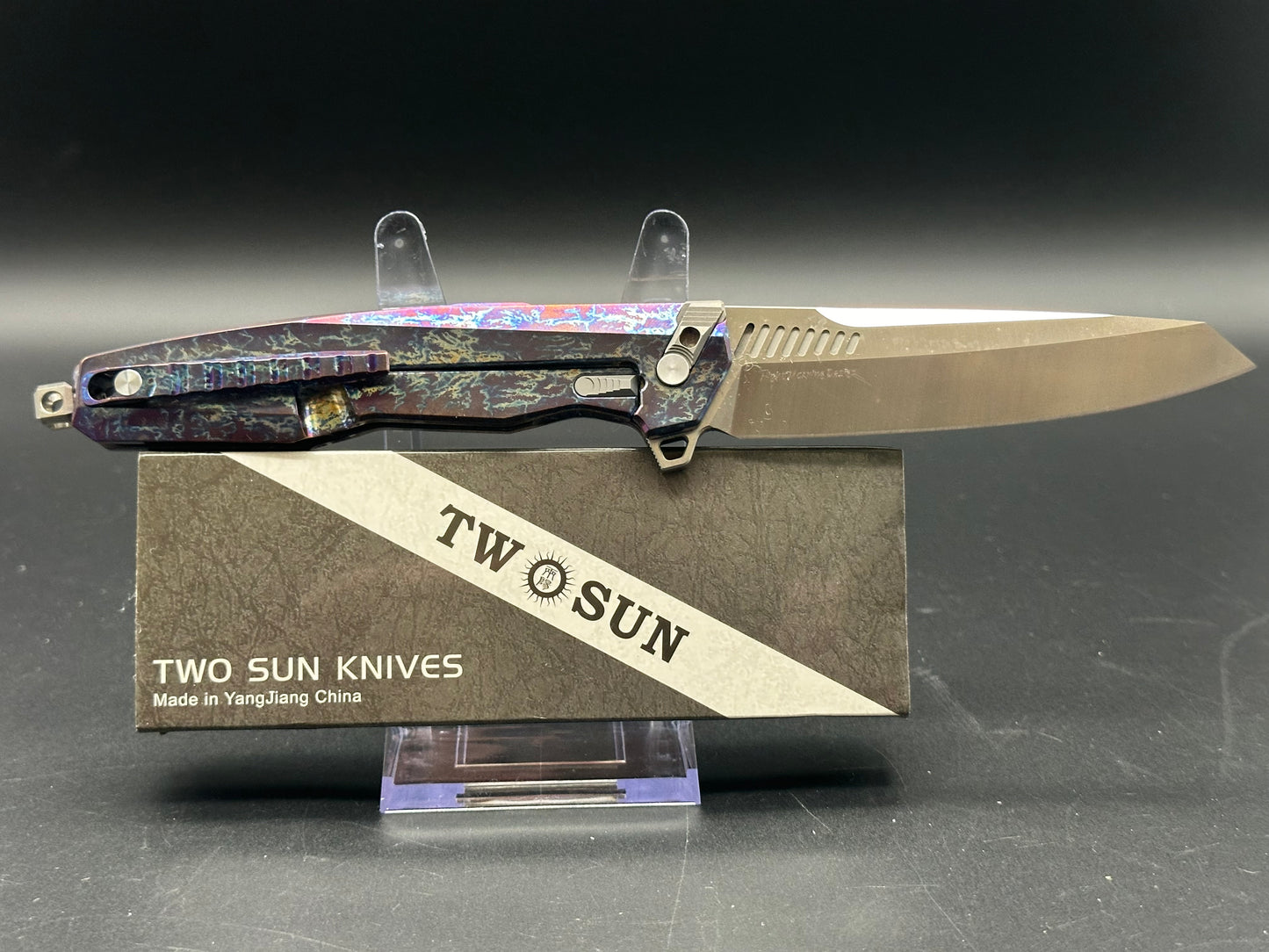 TWOSUN TS88-COLOR TENON-AND-MORTISE FOLDING KNIFE PURPLE/BLUE PATTERN TITANIUM HANDLE M390