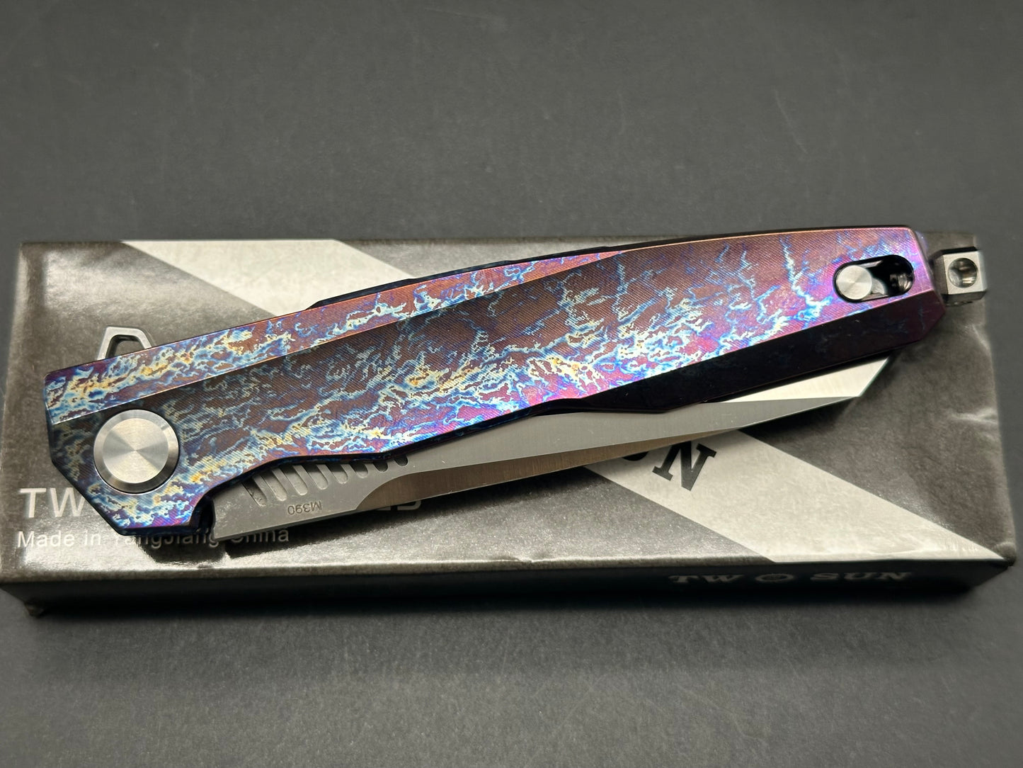 TWOSUN TS88-COLOR TENON-AND-MORTISE FOLDING KNIFE PURPLE/BLUE PATTERN TITANIUM HANDLE M390