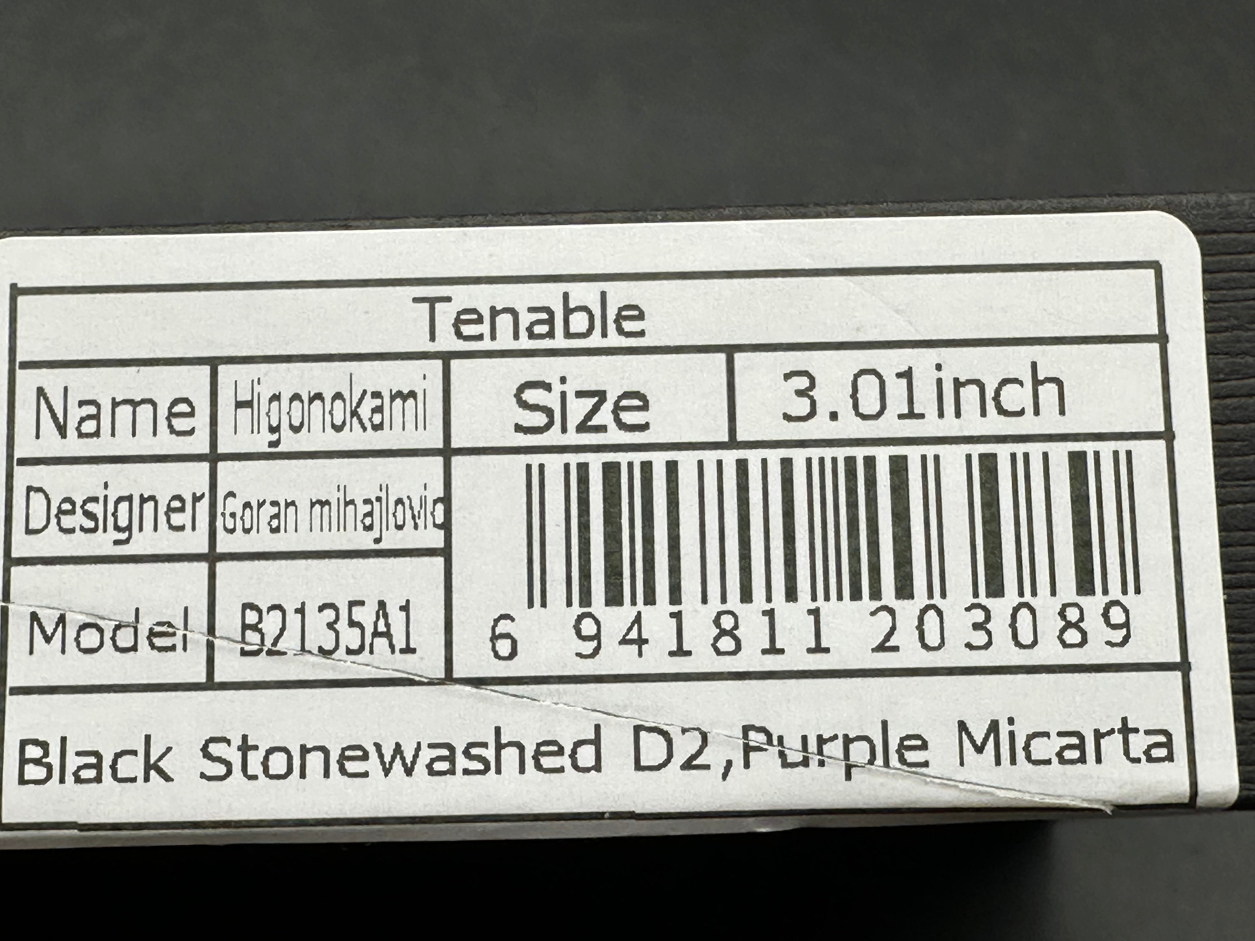 TENABLE HIGONOKAMI PURPLE MICARTA HANDLE D2 REVERSE TANTO PLAIN EDGE