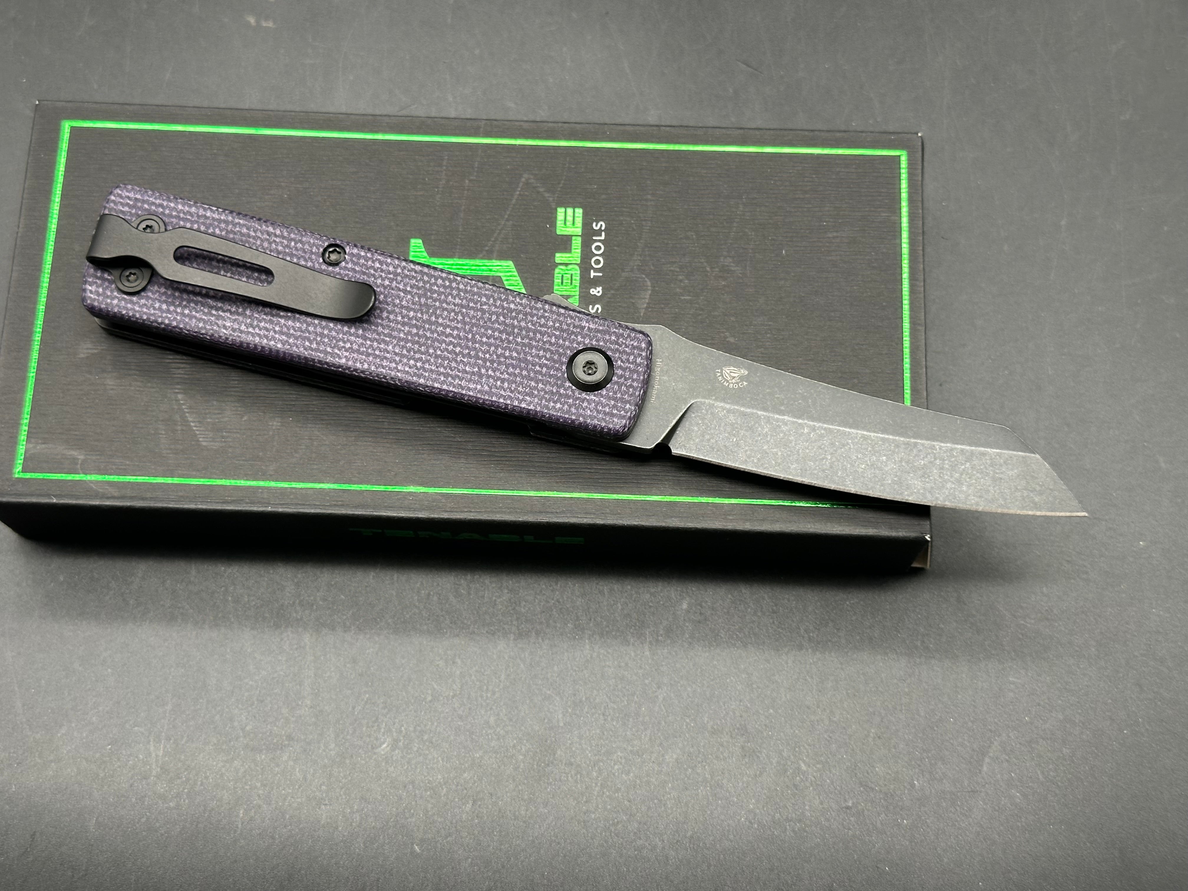 TENABLE HIGONOKAMI PURPLE MICARTA HANDLE D2 REVERSE TANTO PLAIN EDGE